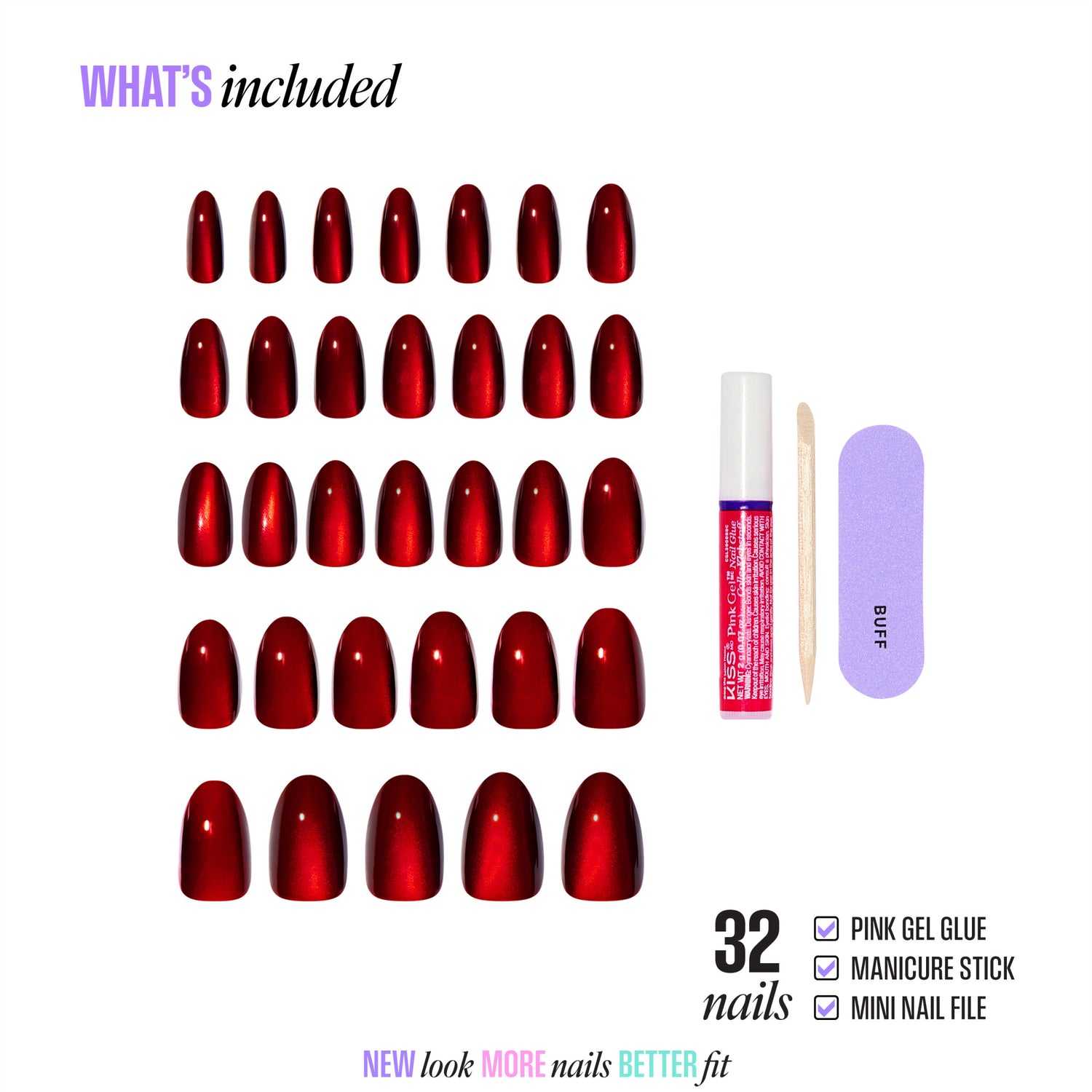 32 red metallic press-on nails with gel glue, manicure stick, and mini file included.
