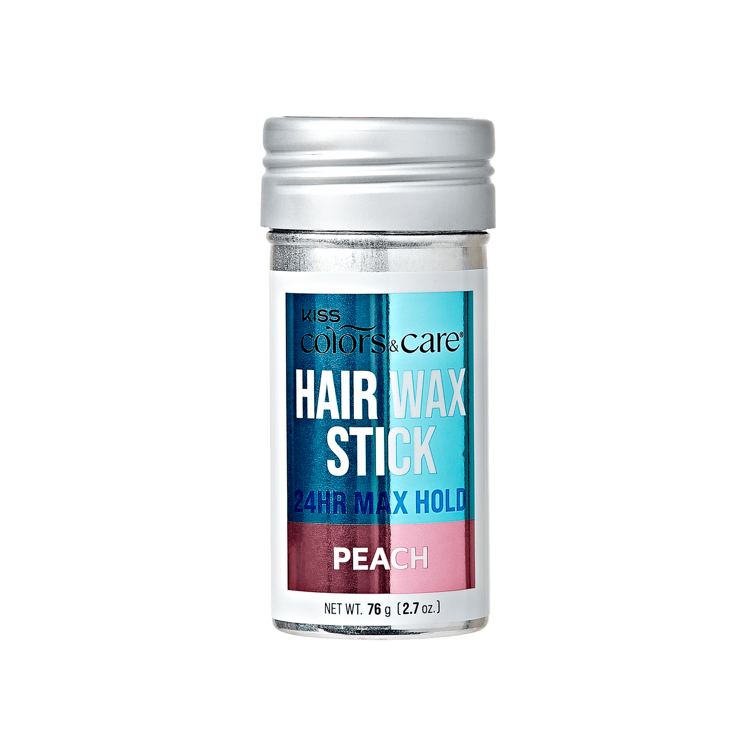 Small cylindrical container of KISS Colors &amp; Care hair wax stick with silver cap, blue and pink label reading "24HR Max Hold Peach" and net weight 2.7 oz.