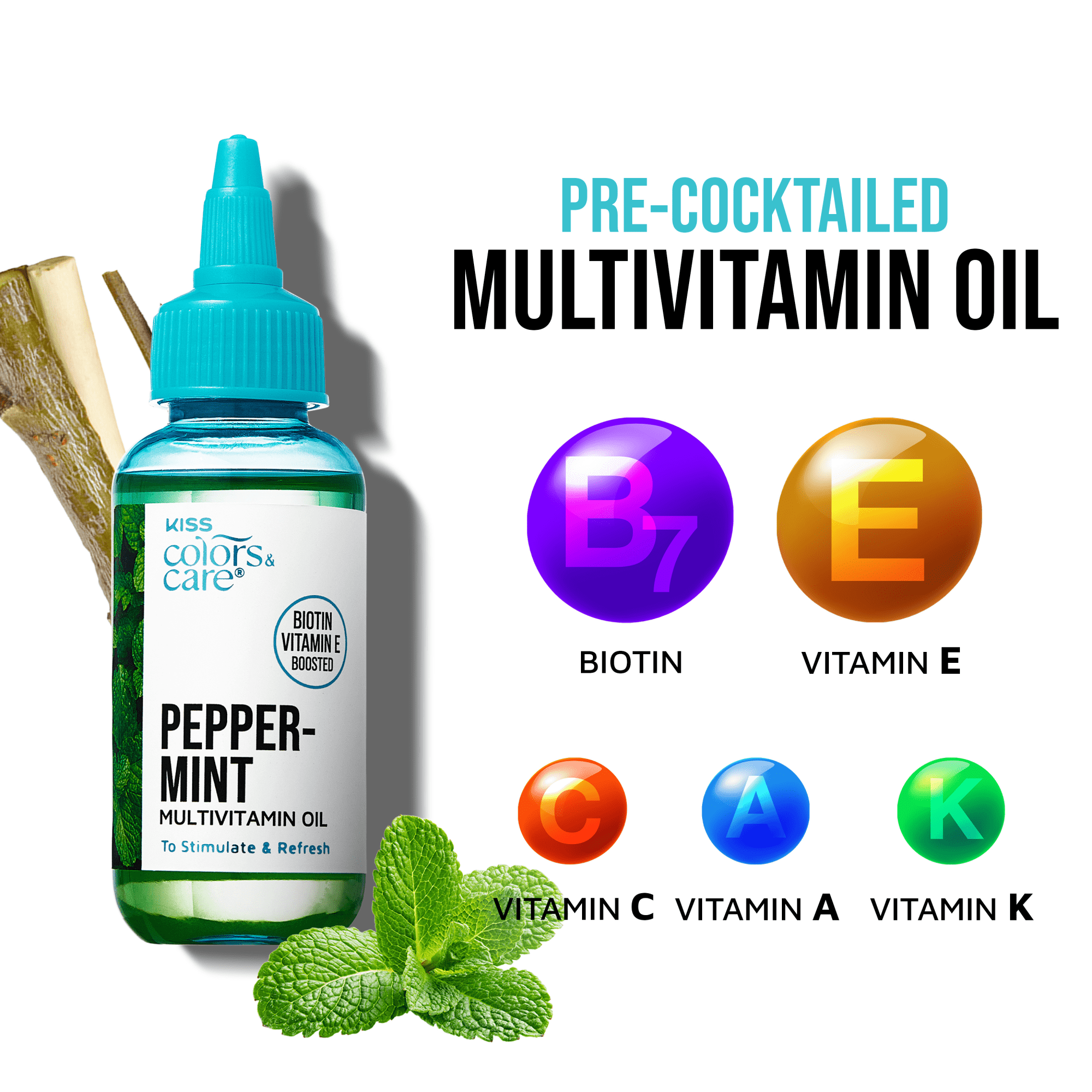 Clear bottle of KISS Colors &amp; Care Peppermint Multivitamin Oil with turquoise cap, mint leaves, text highlighting biotin and vitamins A, C, E, K in colorful circles.