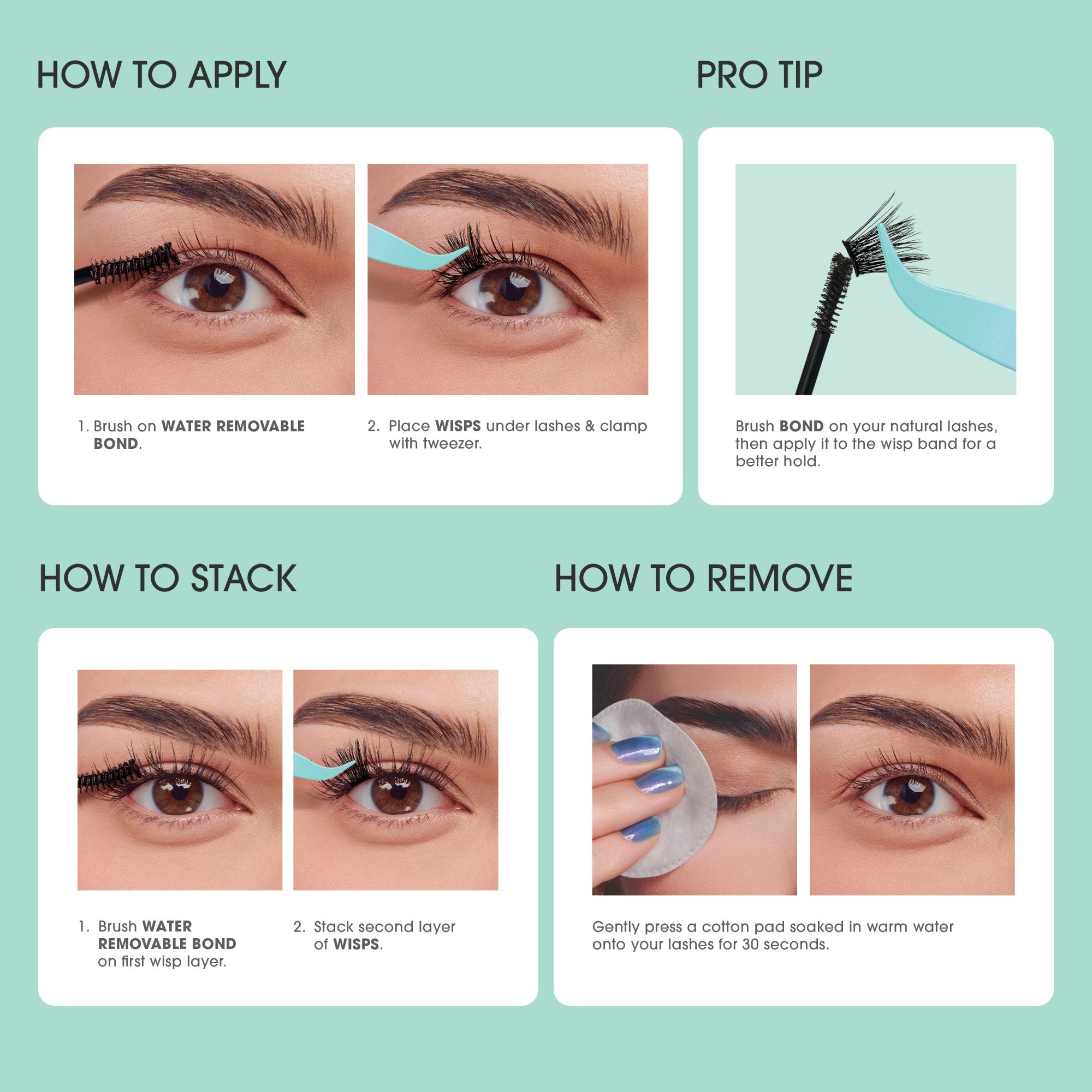 False eyelash application and removal guide with four instructional steps on mint background.