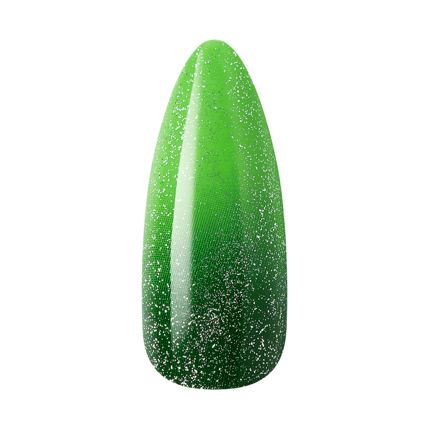 Glossy pointed artificial nail tip featuring a green ombre effect with silver glitter speckles throughout.