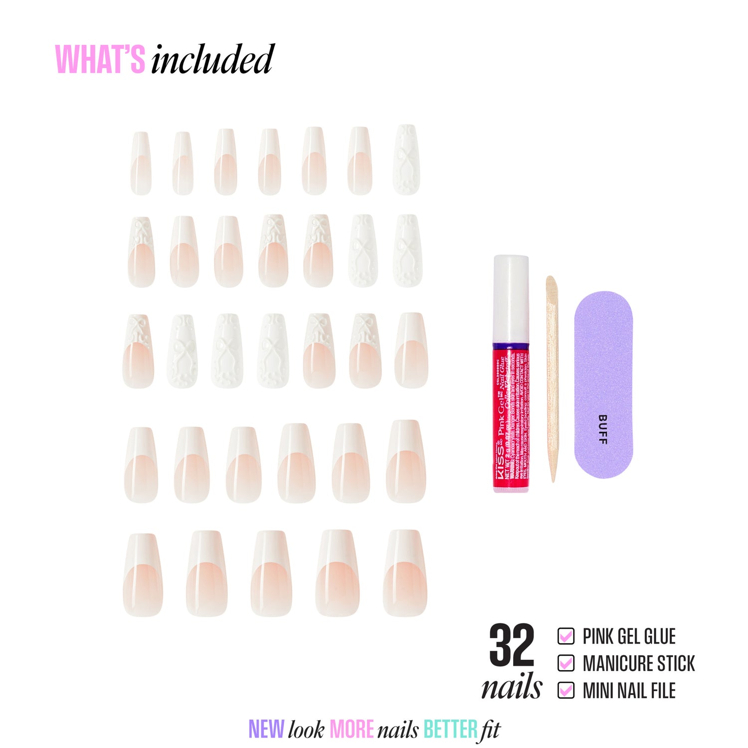32 press-on nails in nude and white with gel glue, manicure stick, and nail file included.