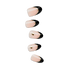 Five artificial press-on nails displayed vertically, featuring a French manicure style with a soft nude base, black tips, gold accent lines, and two nails adorned with small gold heart embellishments.