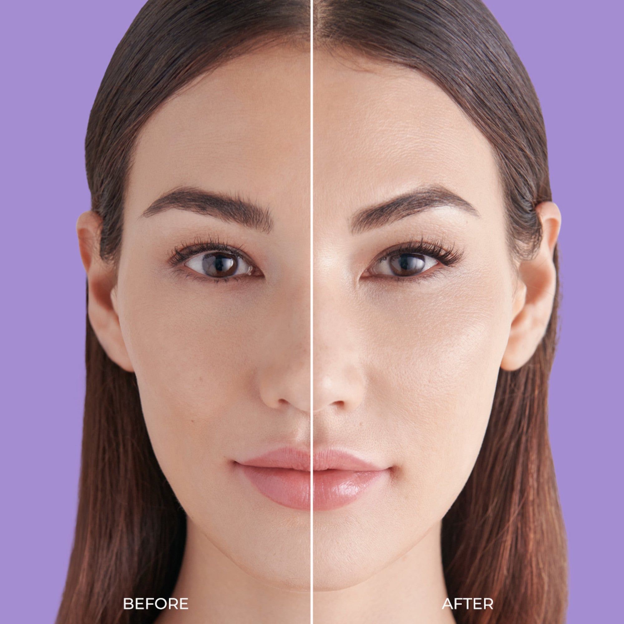 Close-up portrait of a woman’s face split into two halves against a purple background, showing natural lashes on the left labeled \