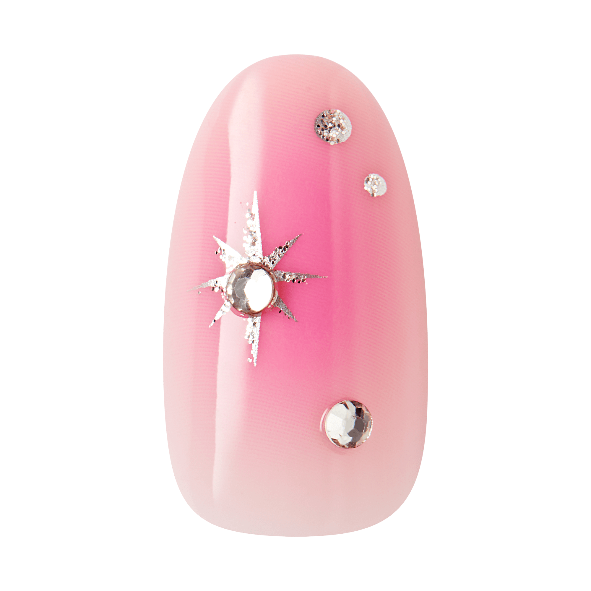 Glossy false nail with a pink gradient base, decorated with three small silver rhinestones and a silver starburst design around the largest rhinestone.