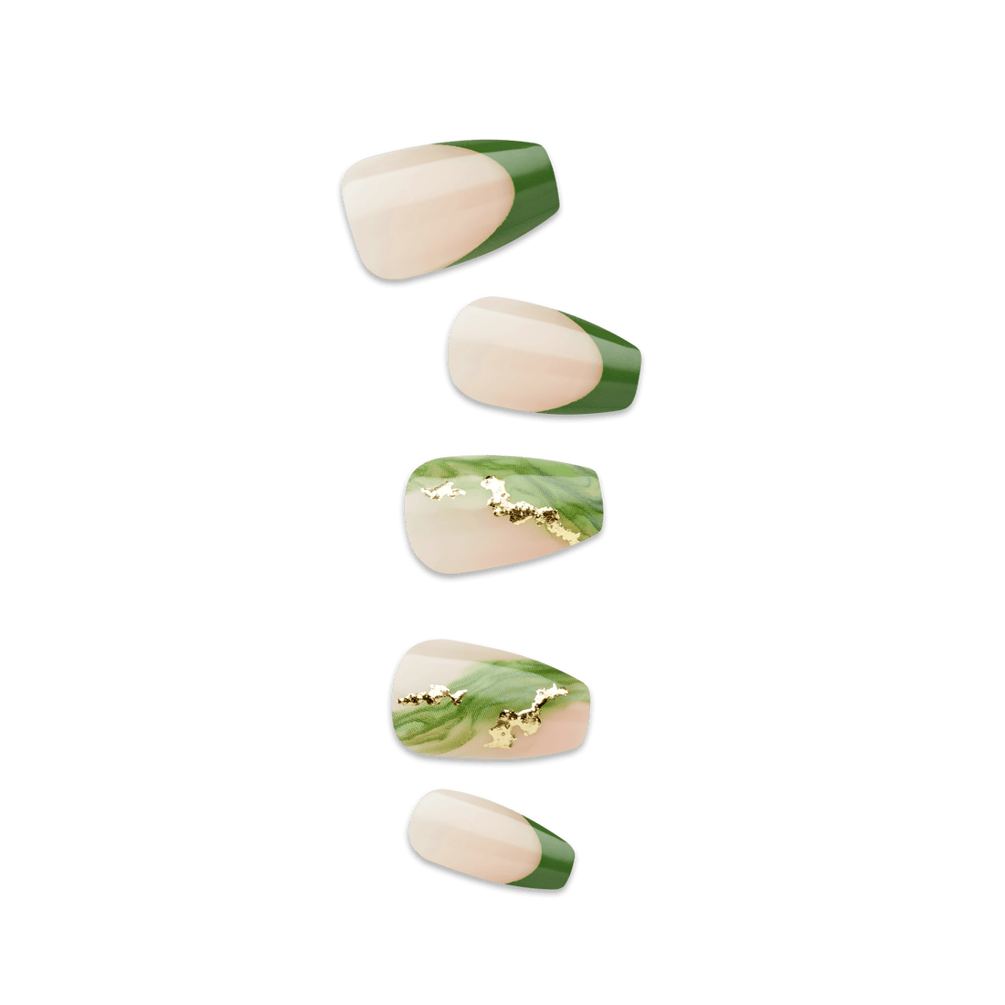 Set of five ballerina-shaped press-on nails in beige and green with gold foil accents and marble-like green swirls.