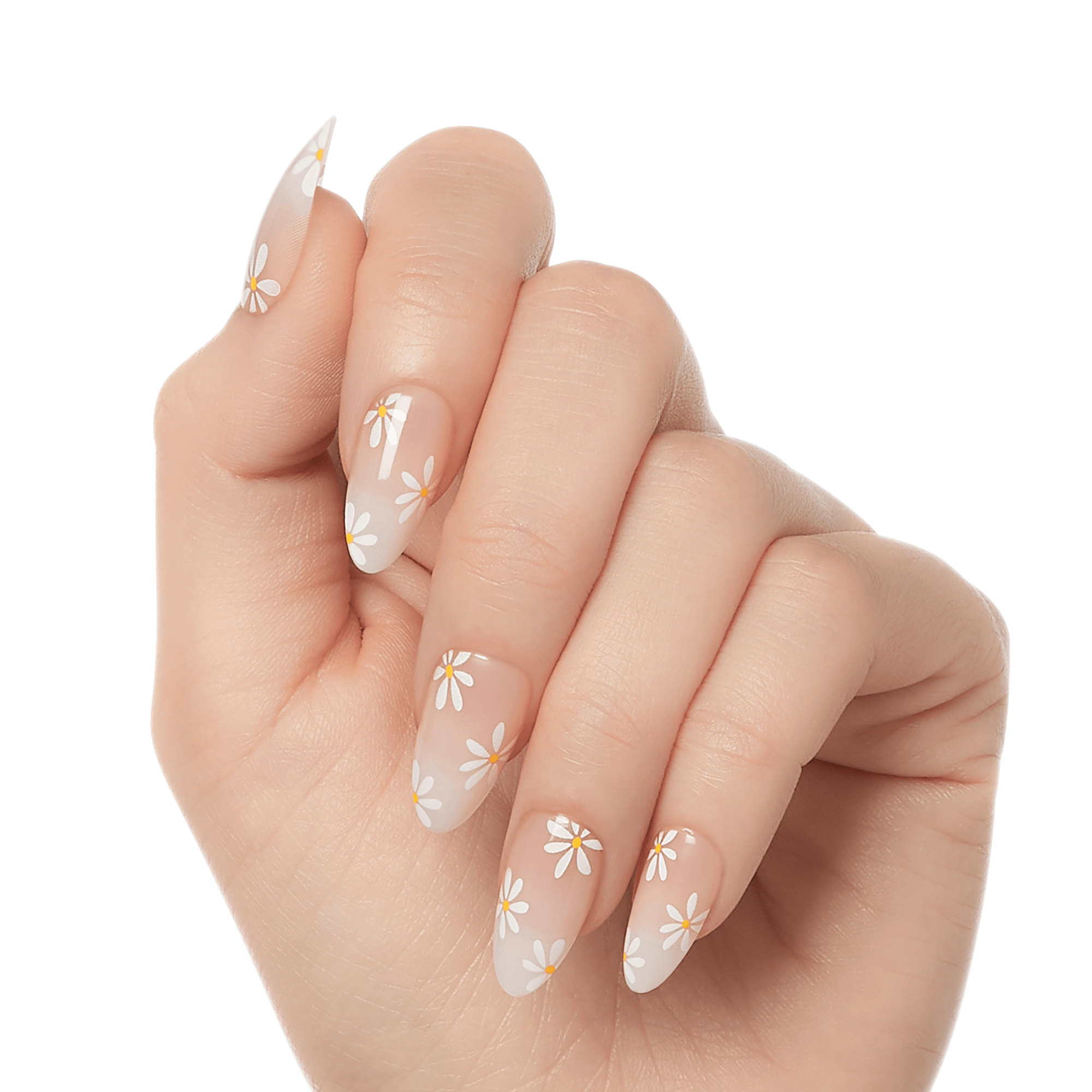 Hand showing almond-shaped press-on gel nails with a natural pink base and white daisy flowers with yellow centers as the design.