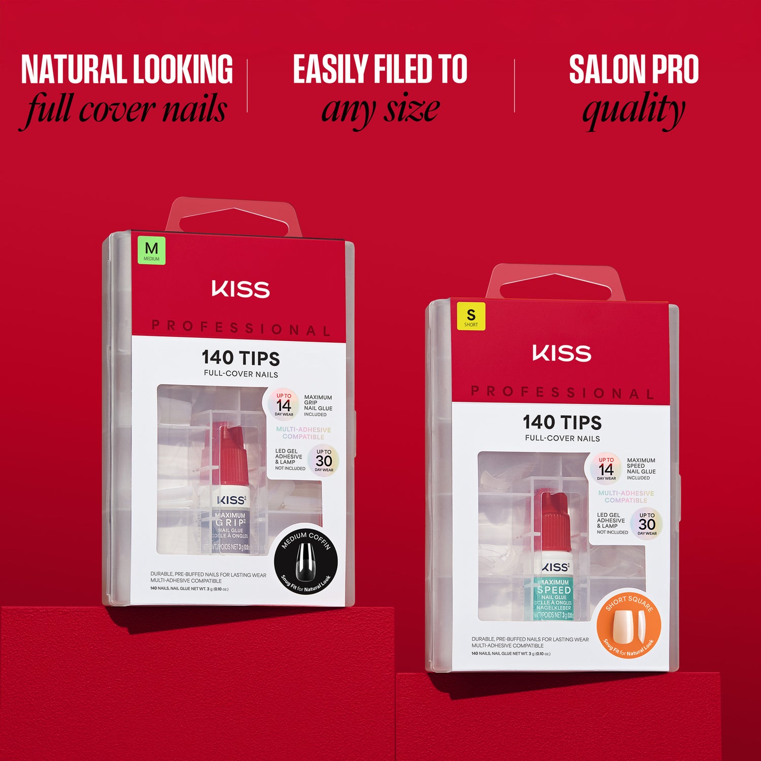 KISS Professional 140 Tips Full-Cover Nails in Medium and Short sizes on red background.