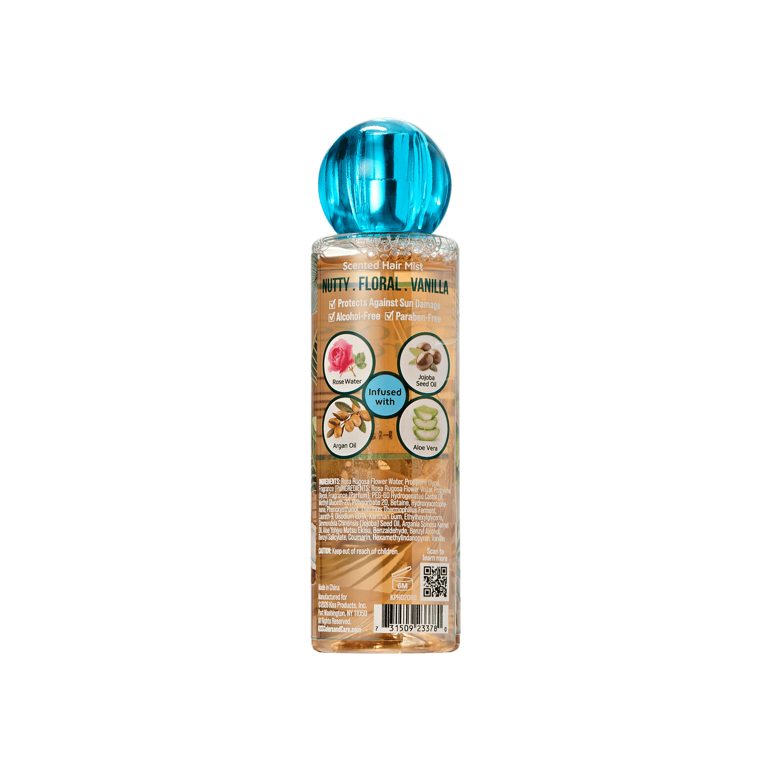 Clear 4 oz bottle of KISS Colors &amp; Care Clean Fragrance Hair Veil Mist in Toasted Lumière with blue round cap, highlighting nutty, floral, vanilla scent and sun protection.