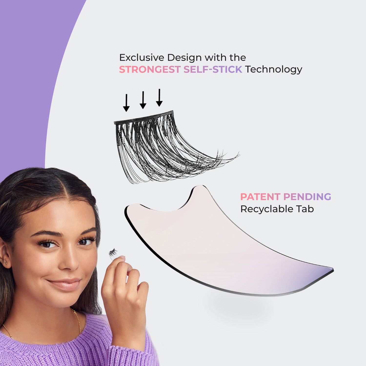 Young woman in a purple sweater holding a single self-adhesive false eyelash near her eye, with illustrations highlighting the strongest self-stick technology and a patent-pending recyclable tab.