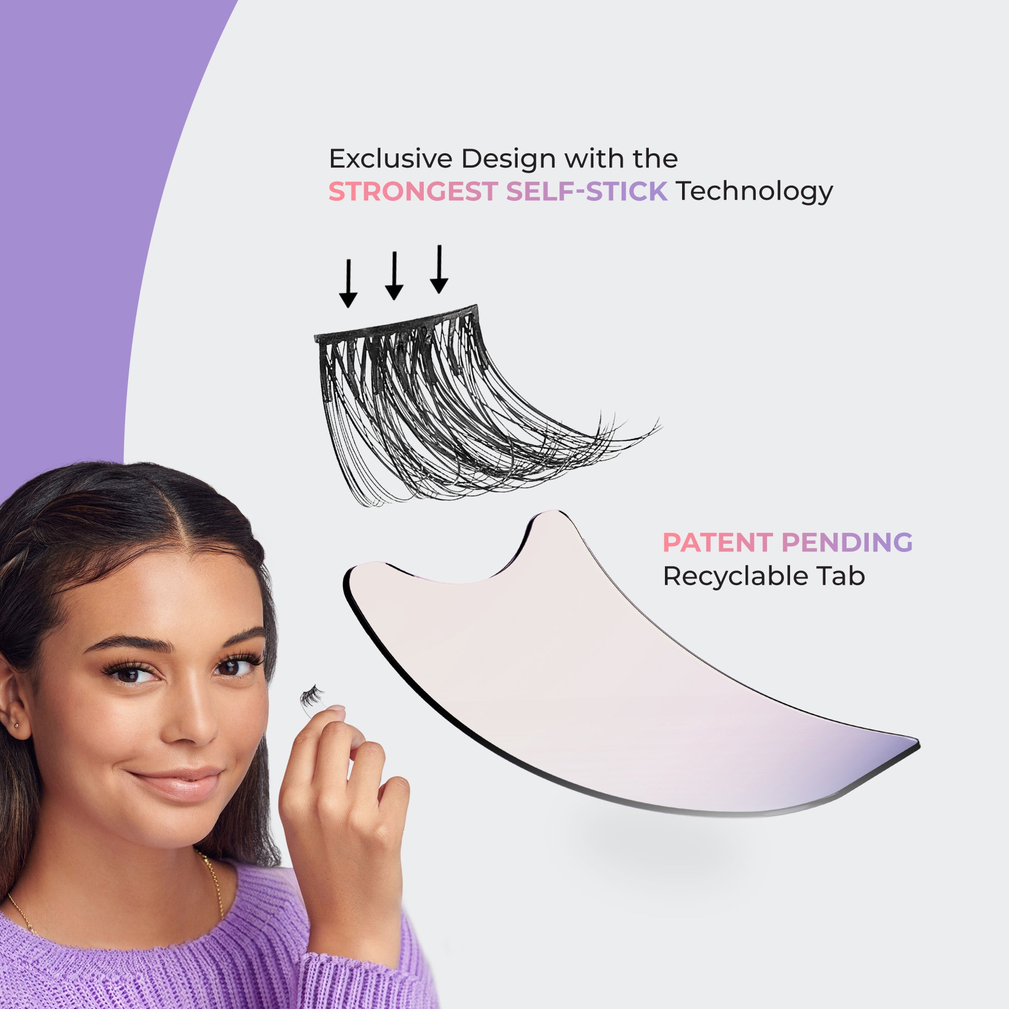 Young woman in a purple sweater holding a single self-adhesive false eyelash near her eye, with illustrations highlighting the strongest self-stick technology and a patent-pending recyclable tab.