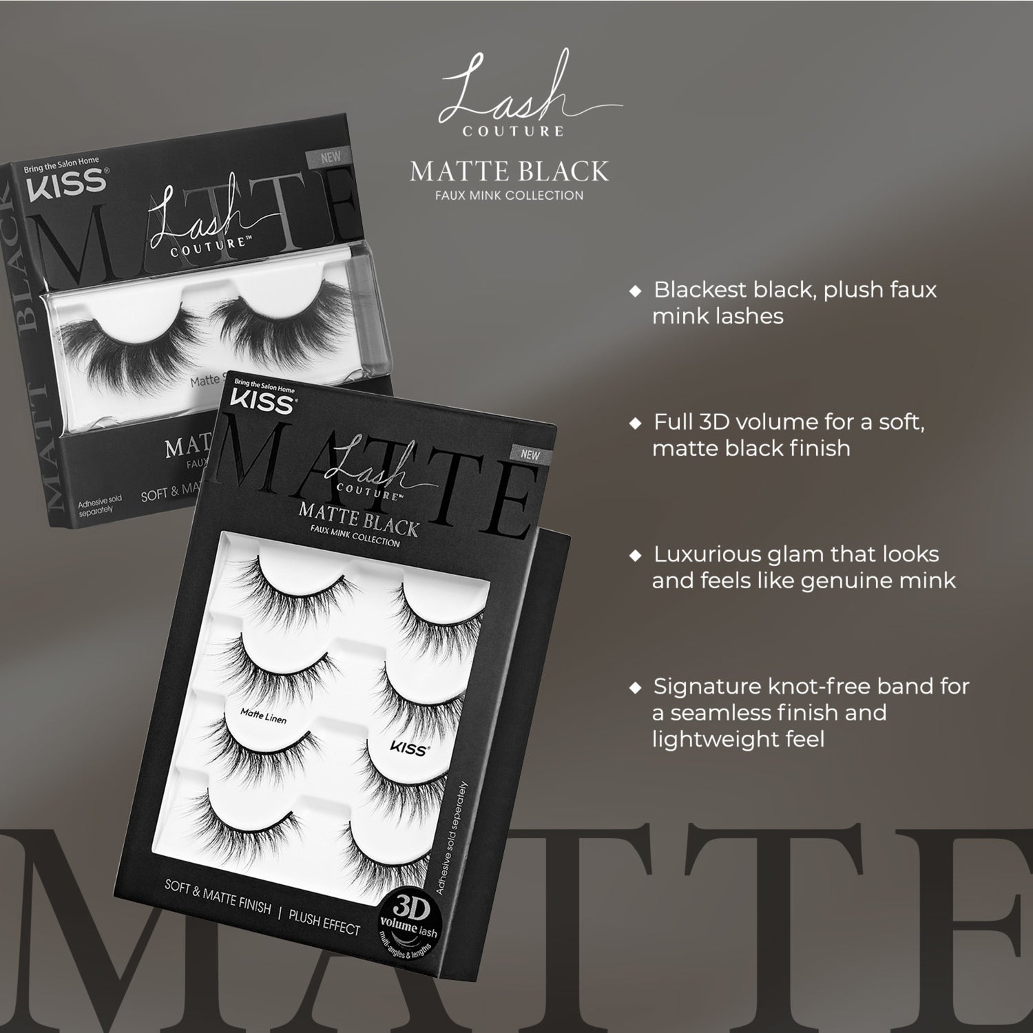 KISS Lash Couture Matte Black Multipack showing two black boxes with six pairs of soft, plush faux mink lashes in a 3D volume style, labeled Matte Cheviot.
