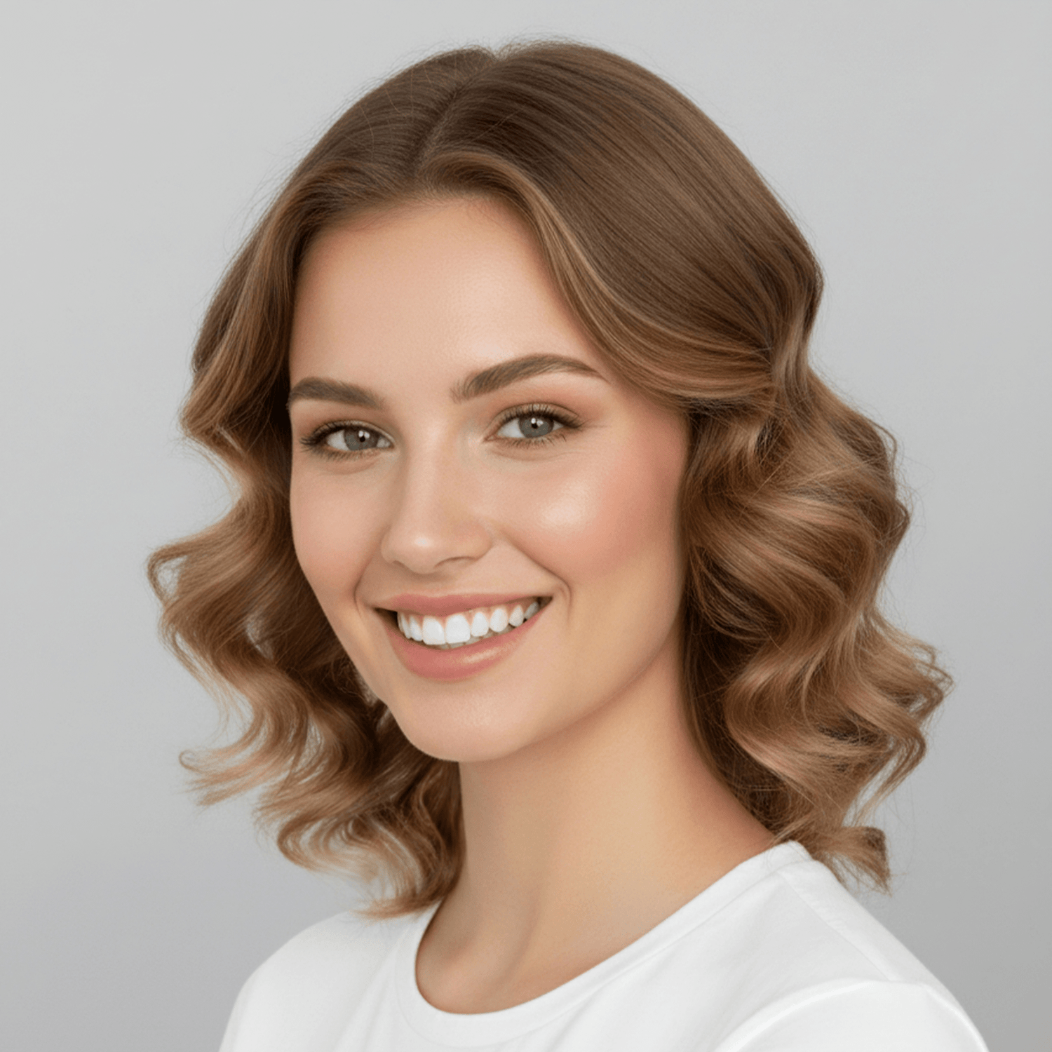 Smiling woman with shoulder-length light brown hair styled in smooth, voluminous curls, wearing a white shirt against a light gray background.