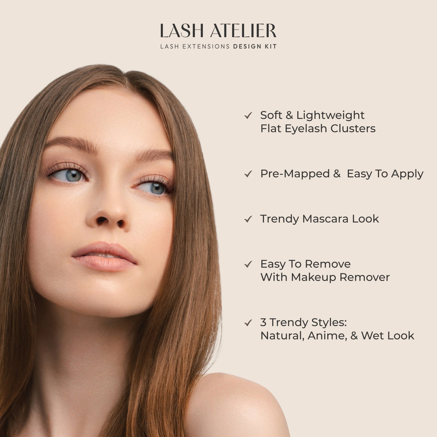 Close-up of a woman with long brown hair and natural-looking lash extensions, next to text highlighting the product as soft, lightweight, pre-mapped, easy to apply and remove, offering a trendy mascara look in three styles: Natural, Anime, and Wet Look.