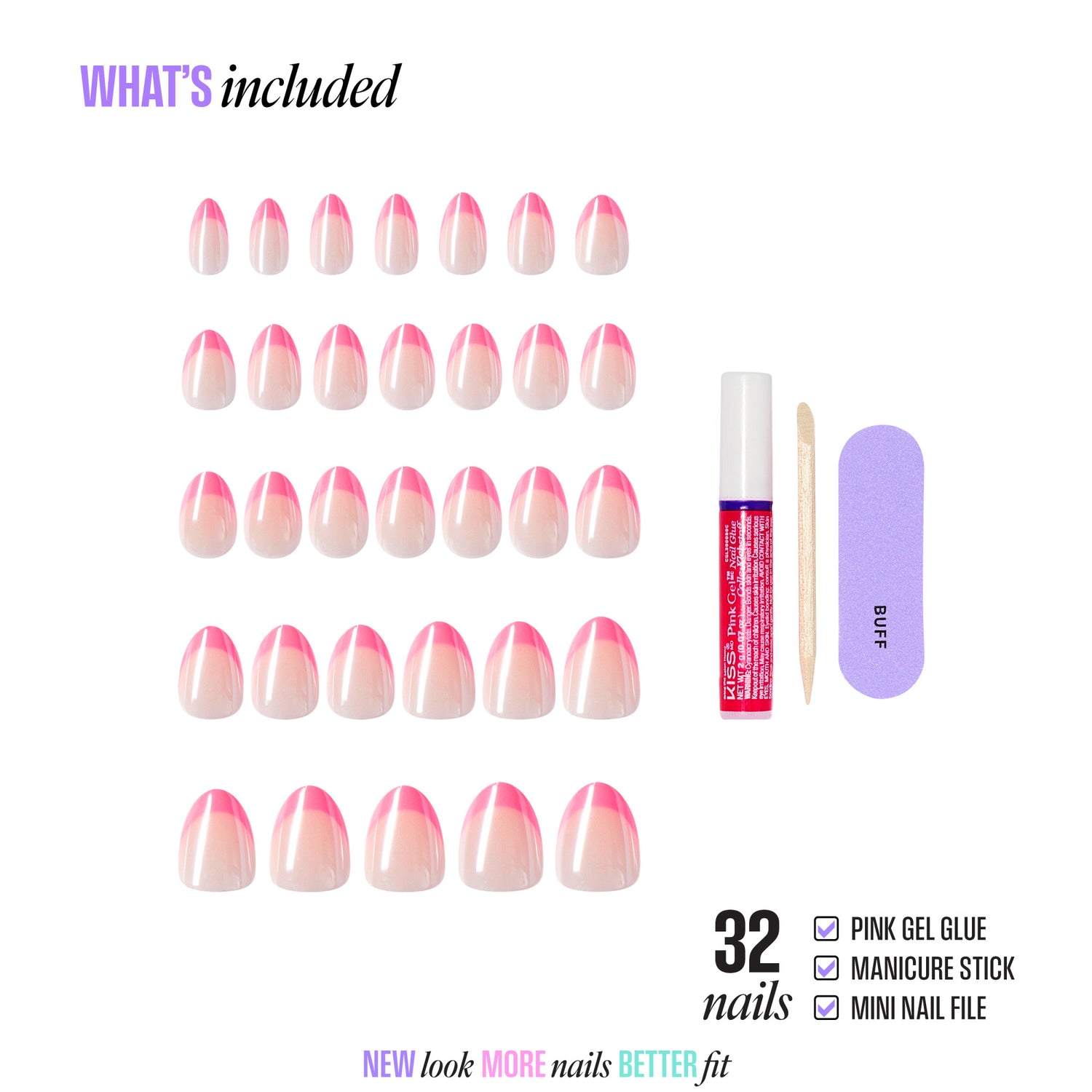 32 pink ombre press-on nails with gel glue, manicure stick, and nail file included.