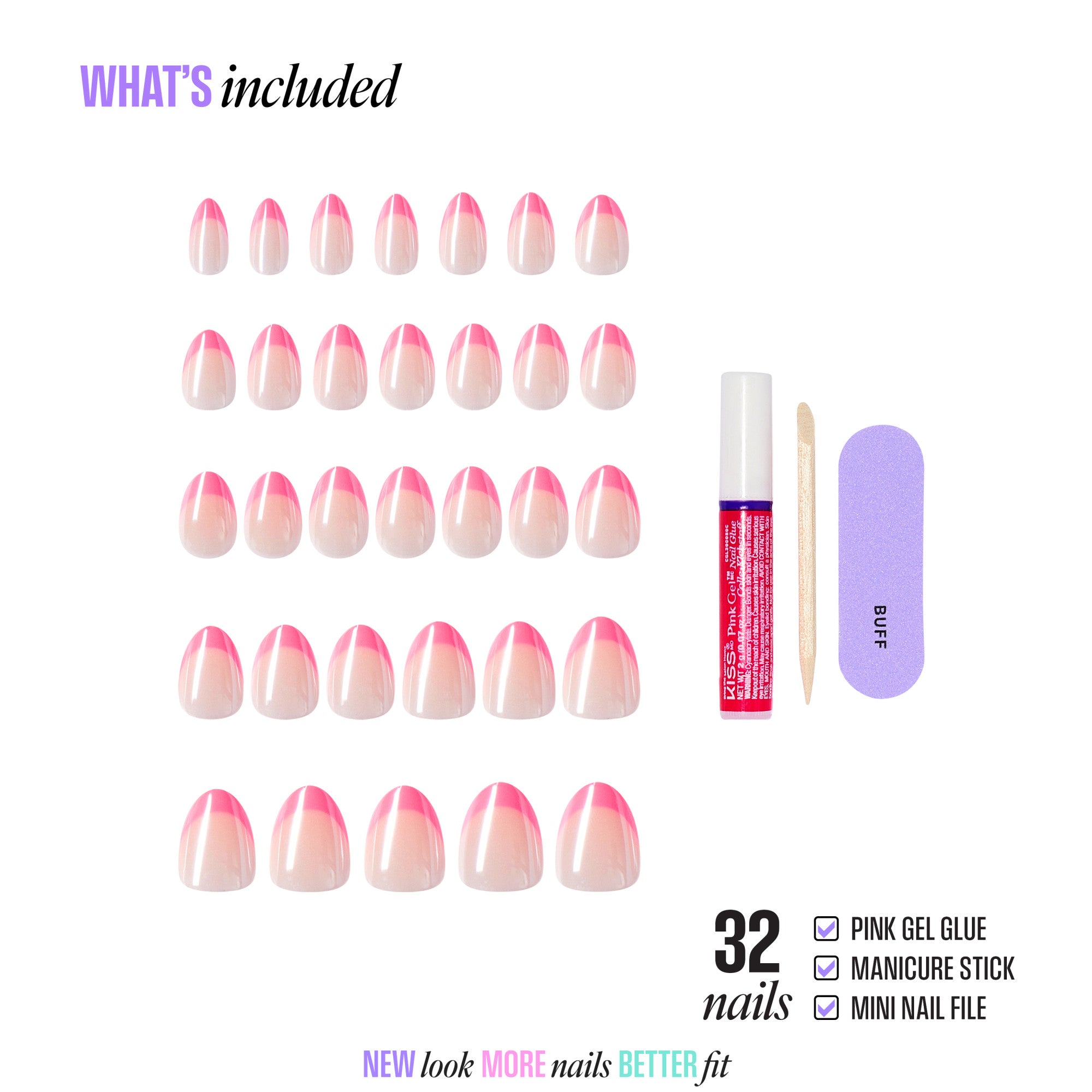 32 pink ombre press-on nails with gel glue, manicure stick, and nail file included.