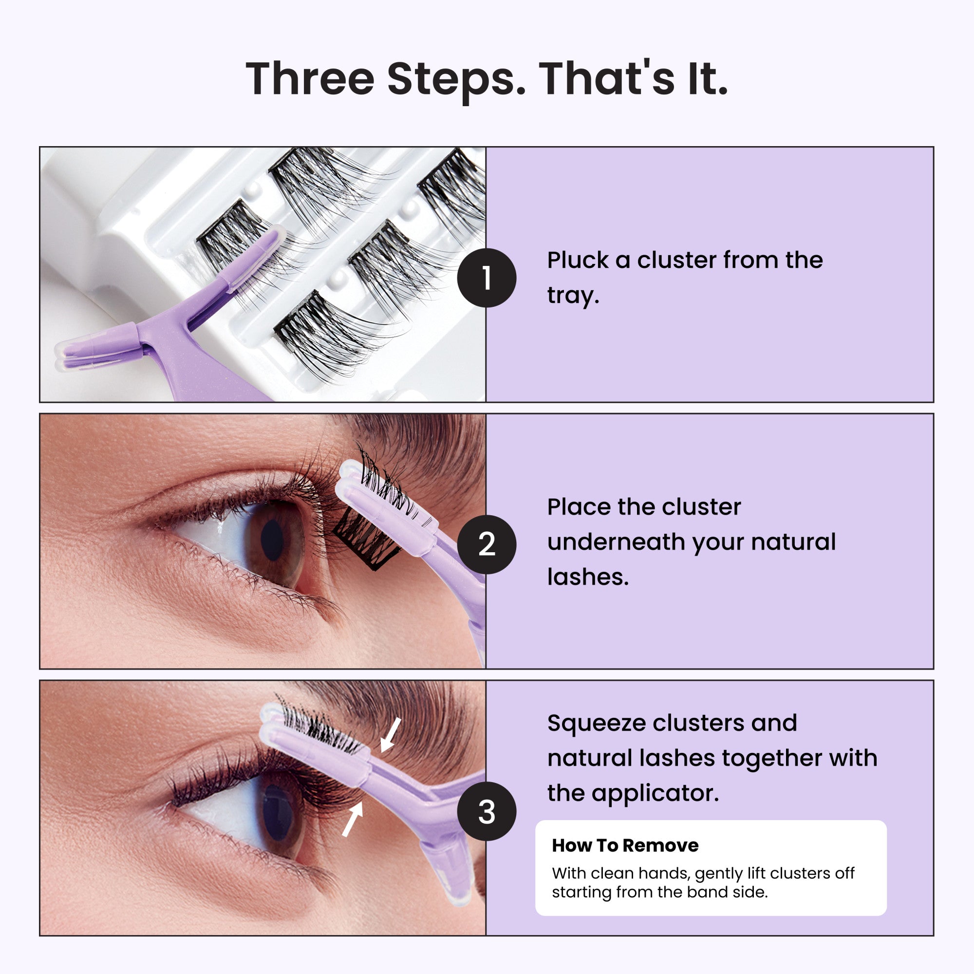 Instructions showing three steps to apply imPRESS Falsies eyelash clusters: pluck from tray, place under natural lashes, and squeeze together with applicator.
