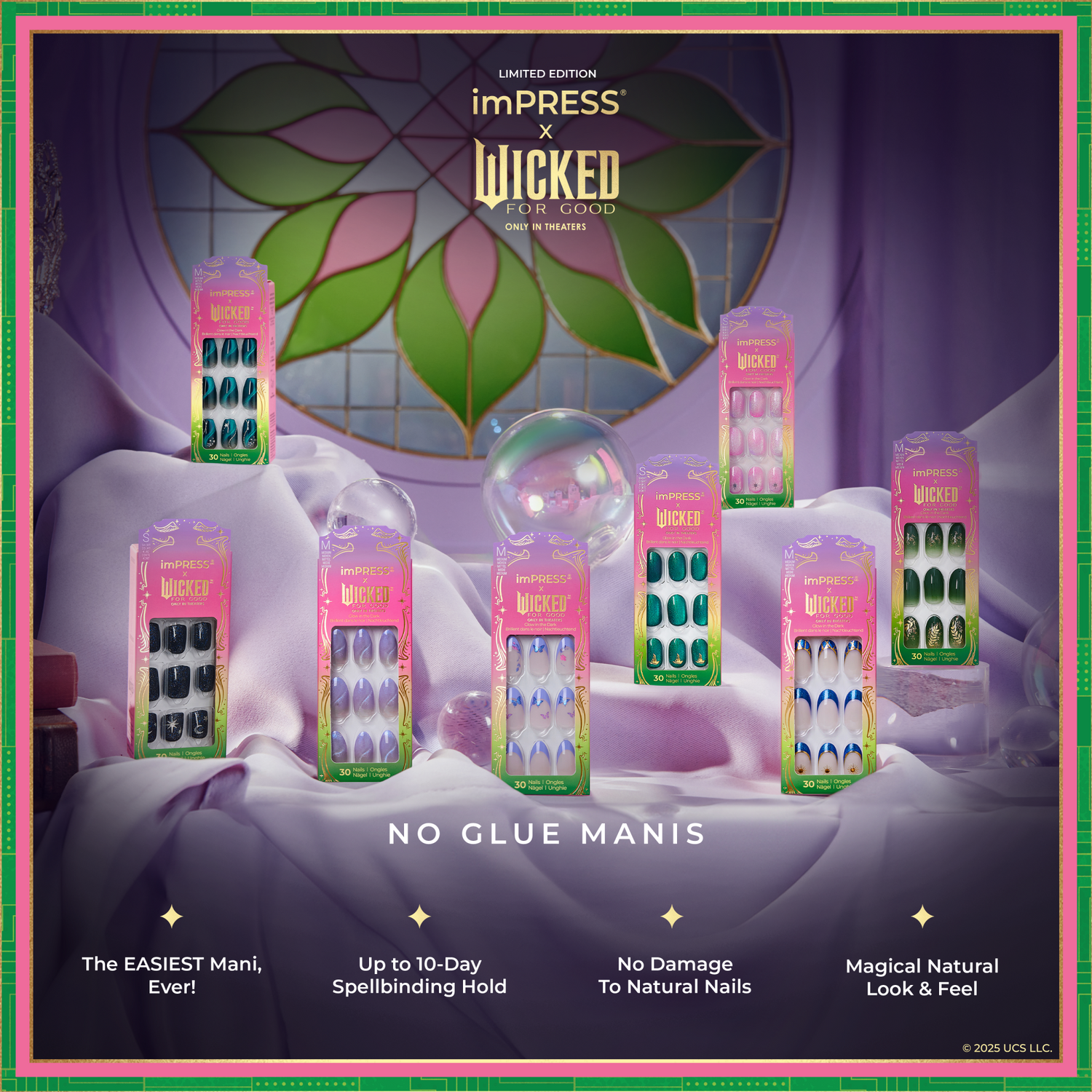Display of eight imPRESS X WICKED FOR GOOD limited edition no-glue press-on nail sets in various colors and designs, arranged on a soft purple fabric with decorative glass orbs.