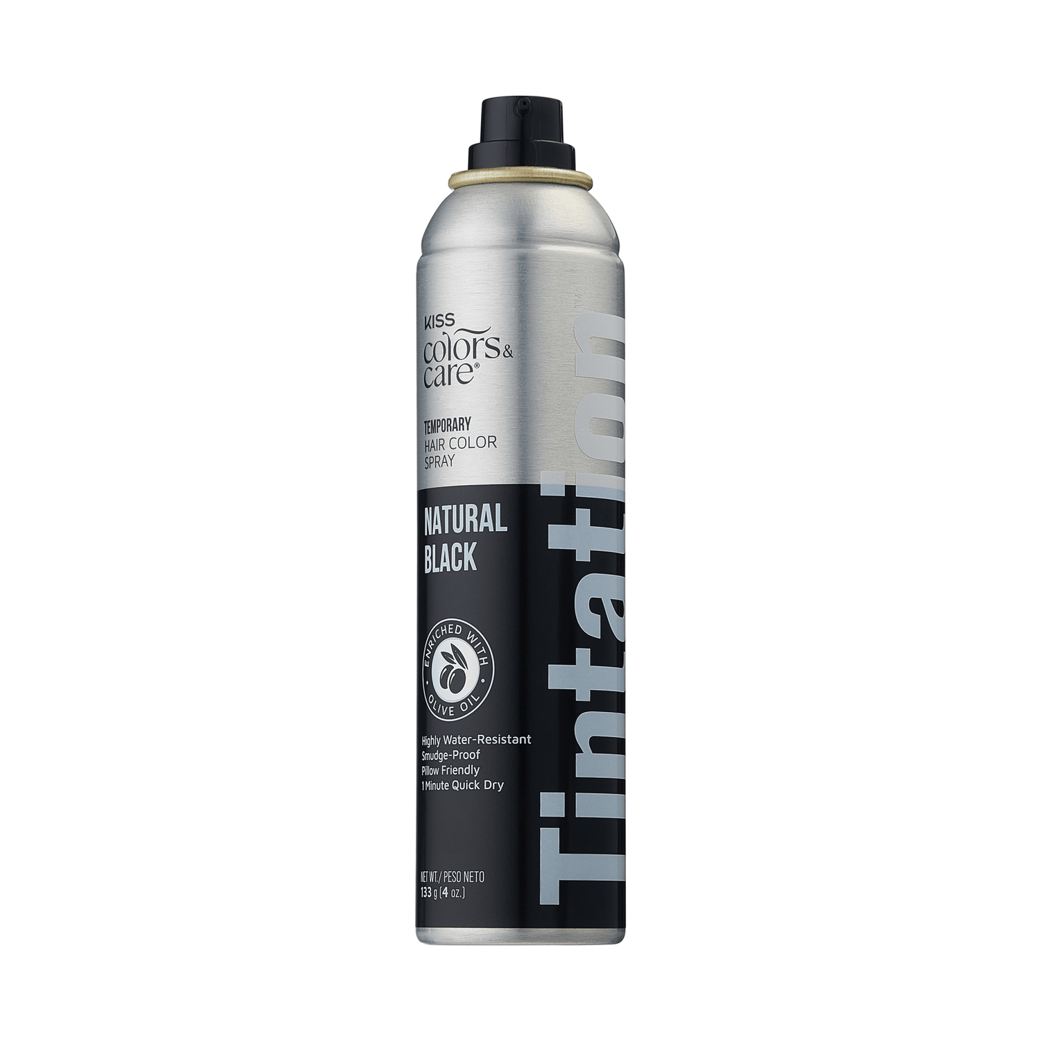 Silver and black spray can of KISS Colors &amp; Care Tintation Spray in Natural Black, featuring claims of being highly water-resistant, smudge-proof, pillow friendly, and quick drying with olive oil.