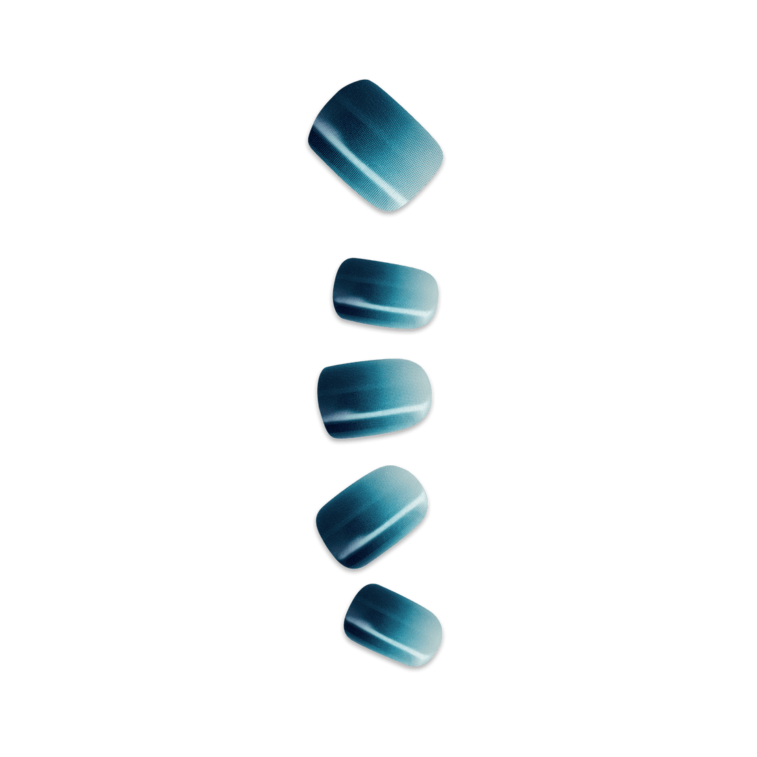 Five teal gradient press-on nails in various rounded and oval shapes
