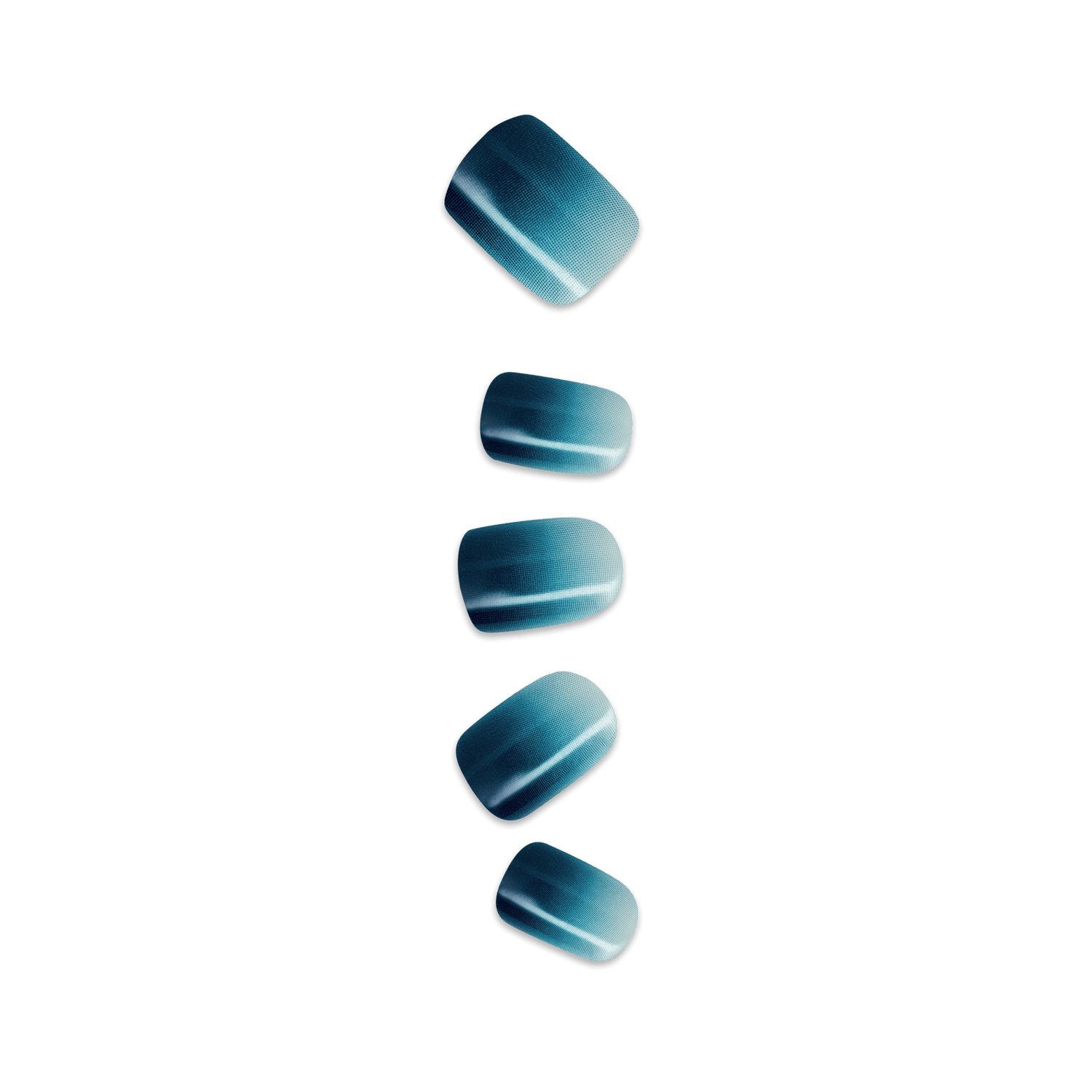 Five teal gradient press-on nails in various rounded and oval shapes