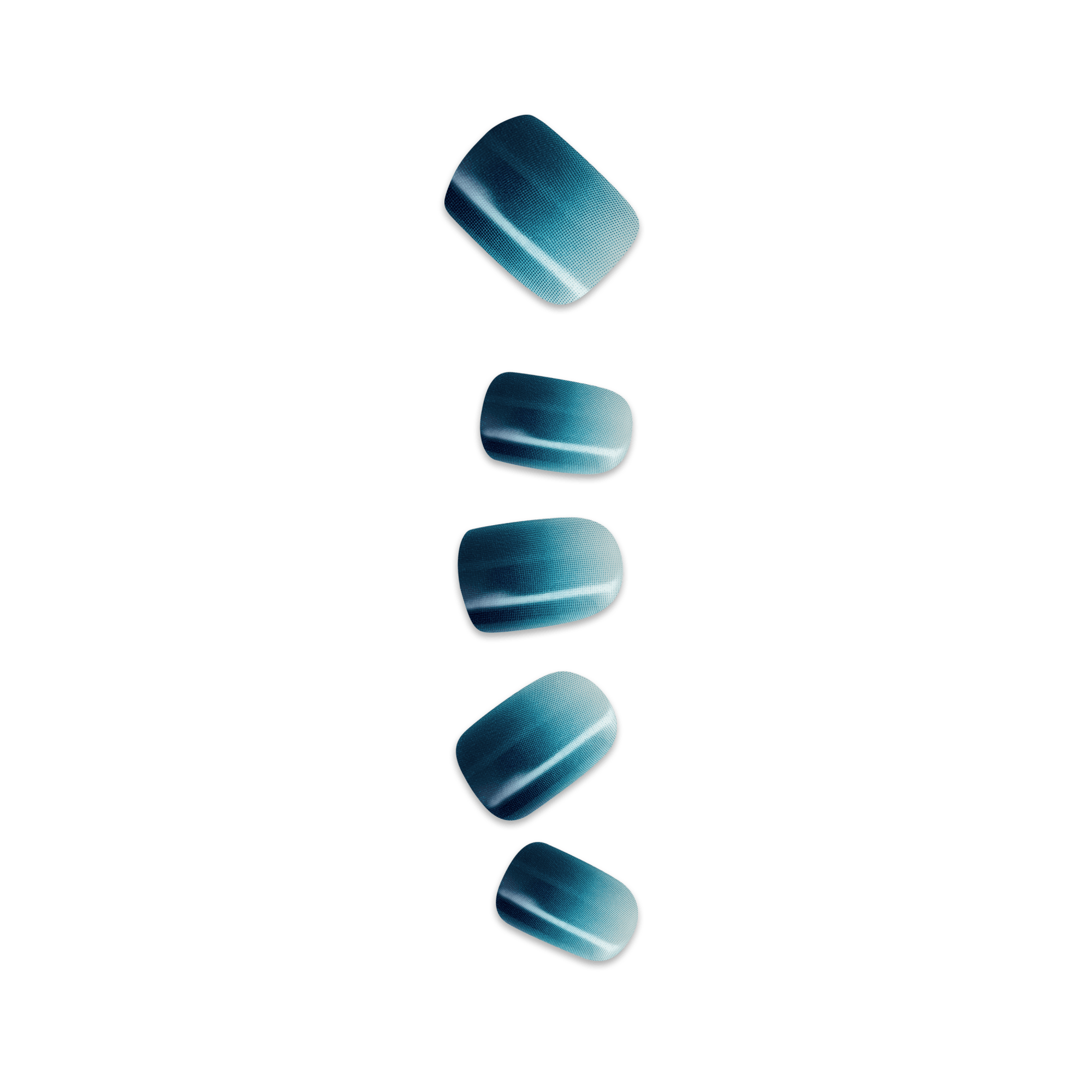 Five teal gradient press-on nails in various rounded and oval shapes
