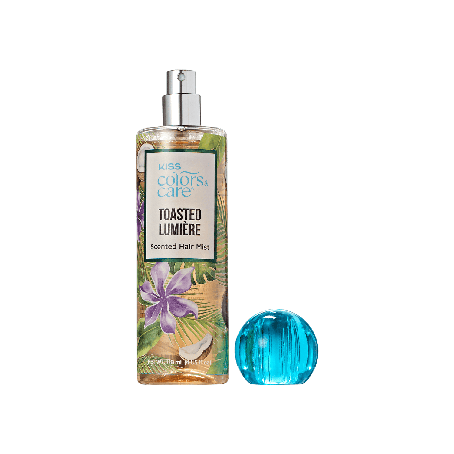 KISS Colors &amp; Care Toasted Lumière scented hair mist in a clear spray bottle with floral and leaf design, blue round cap removed.