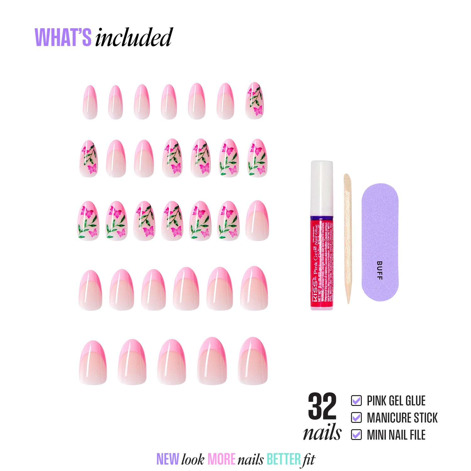 32 pink press-on nails with floral designs, gel glue, manicure stick, and nail file included.