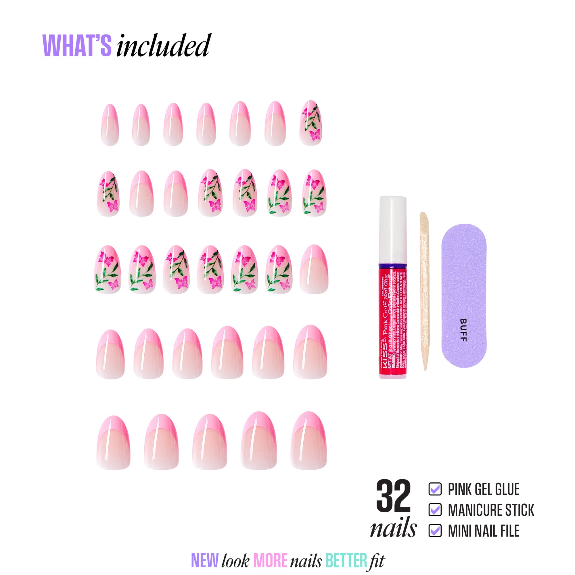 32 pink press-on nails with floral designs, gel glue, manicure stick, and nail file included.