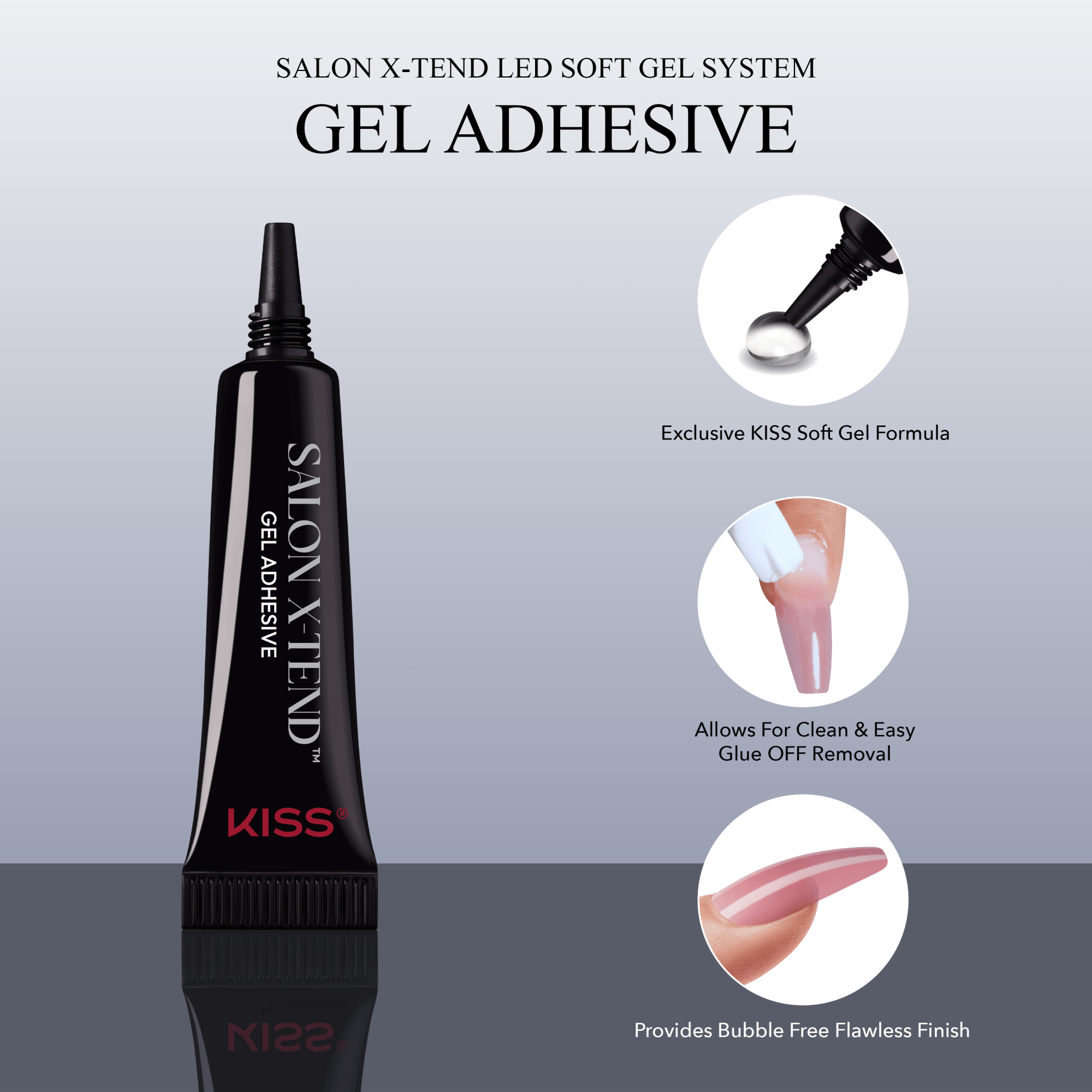 Black tube of KISS Salon X-Tend LED Soft Gel System Gel Adhesive with three round insets showing gel drop, nail glue removal, and smooth nail finish features.