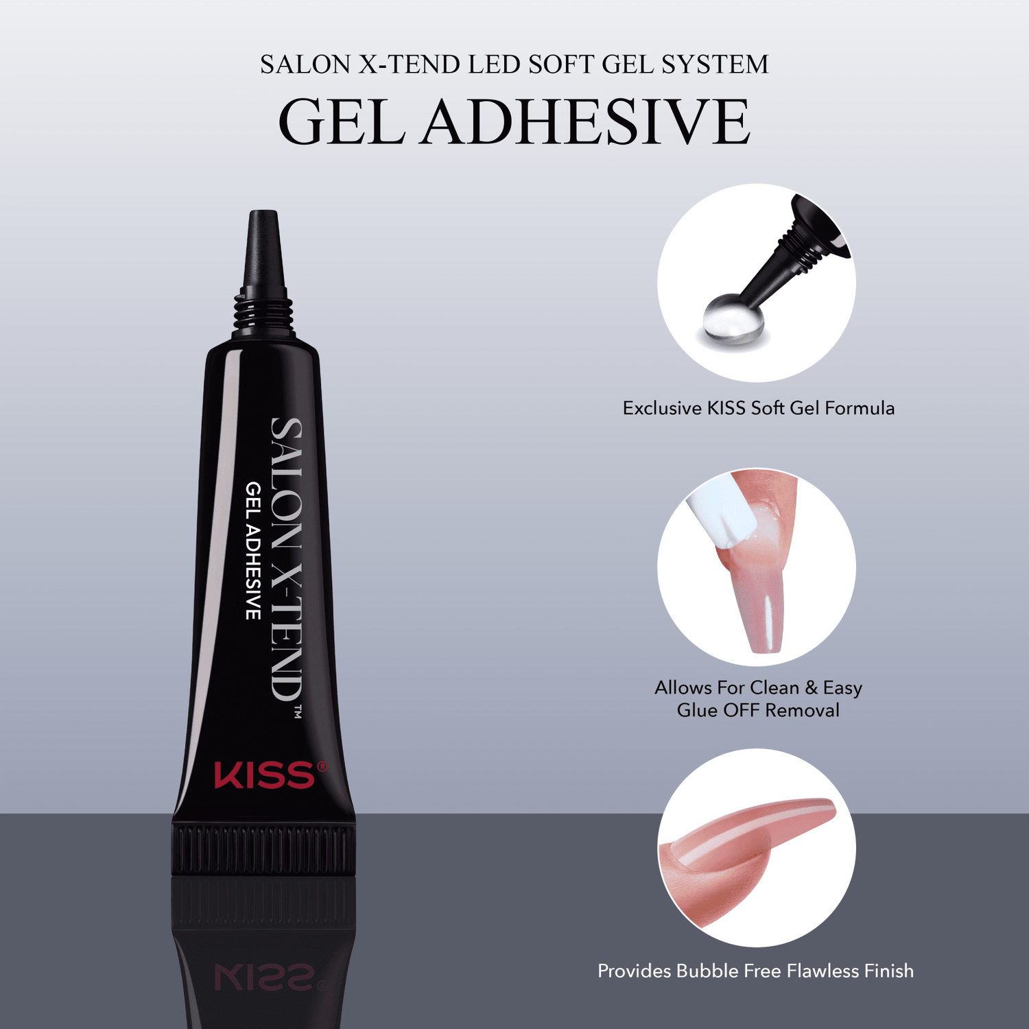 Black tube of KISS Salon X-Tend Gel Adhesive with text highlighting exclusive soft gel formula, easy glue-off removal, and bubble-free flawless finish.