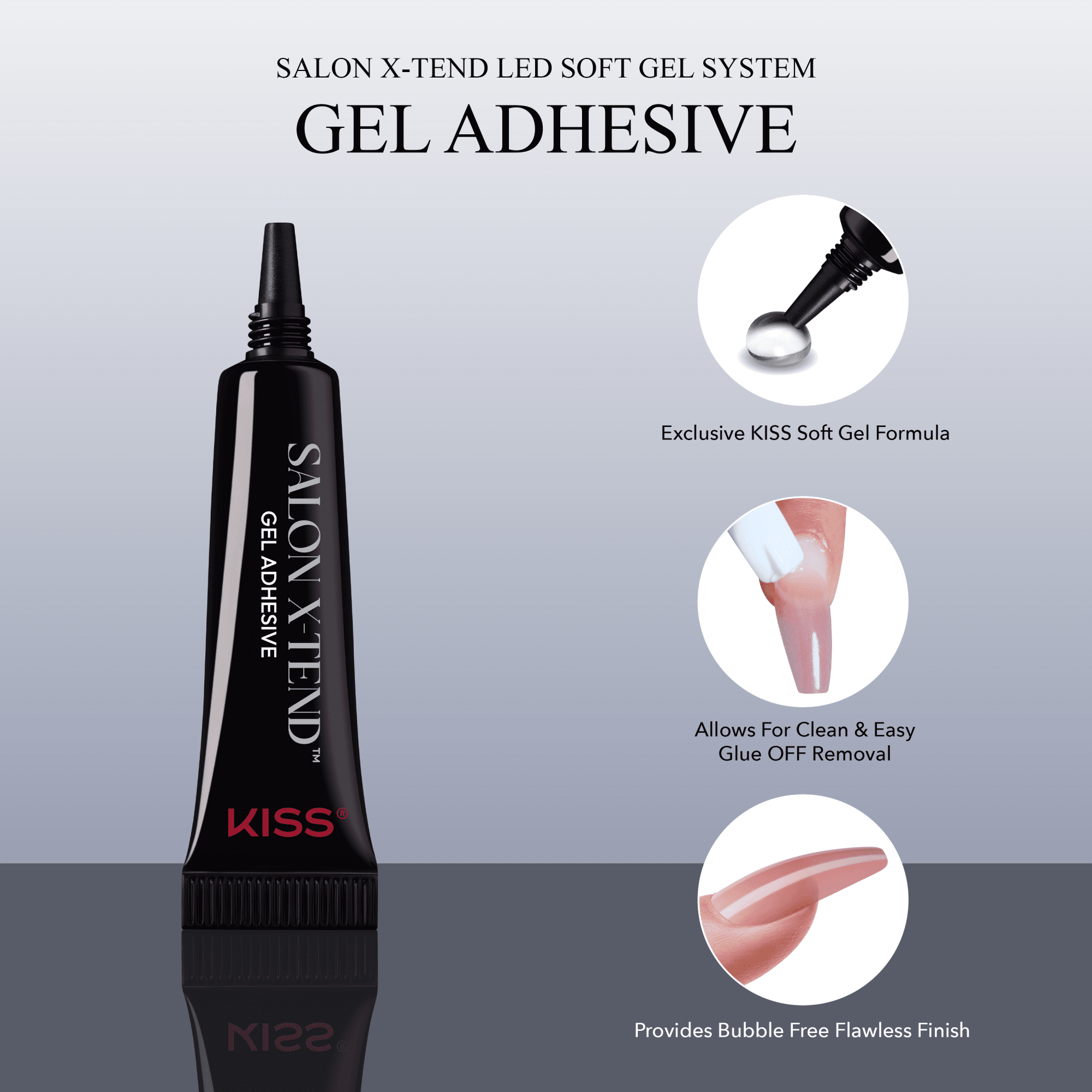 Black tube of KISS Salon X-tend Gel Adhesive with text highlighting exclusive soft gel formula, easy glue-off removal, and bubble-free flawless finish.