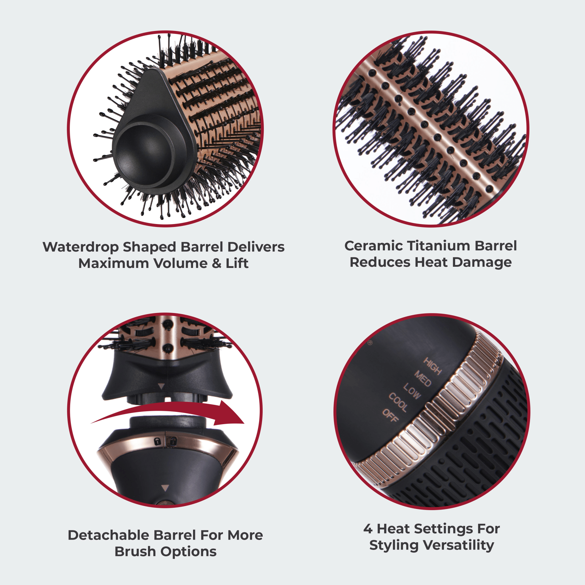 Close-up views of the KISS Volume Boosting Air Brush showing a waterdrop-shaped barrel for volume, ceramic titanium material, detachable barrel feature, and heat setting dial with five options.