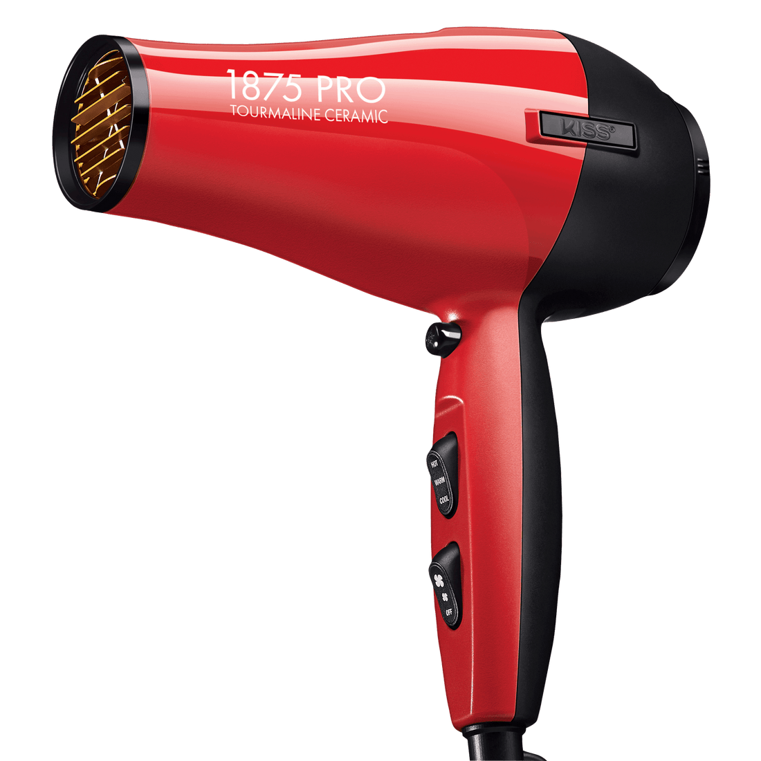 Red and black 1875 Pro Tourmaline Ceramic hair dryer with control buttons on the handle and gold-colored interior nozzle.