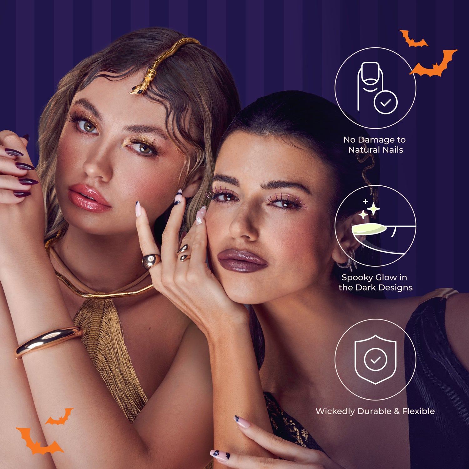 Two women with glowing Halloween-themed press-on nails pose against a purple striped background with bats. Text highlights “No Damage to Natural Nails,” “Spooky Glow in the Dark Designs,” and “Wickedly Durable &amp; Flexible.”