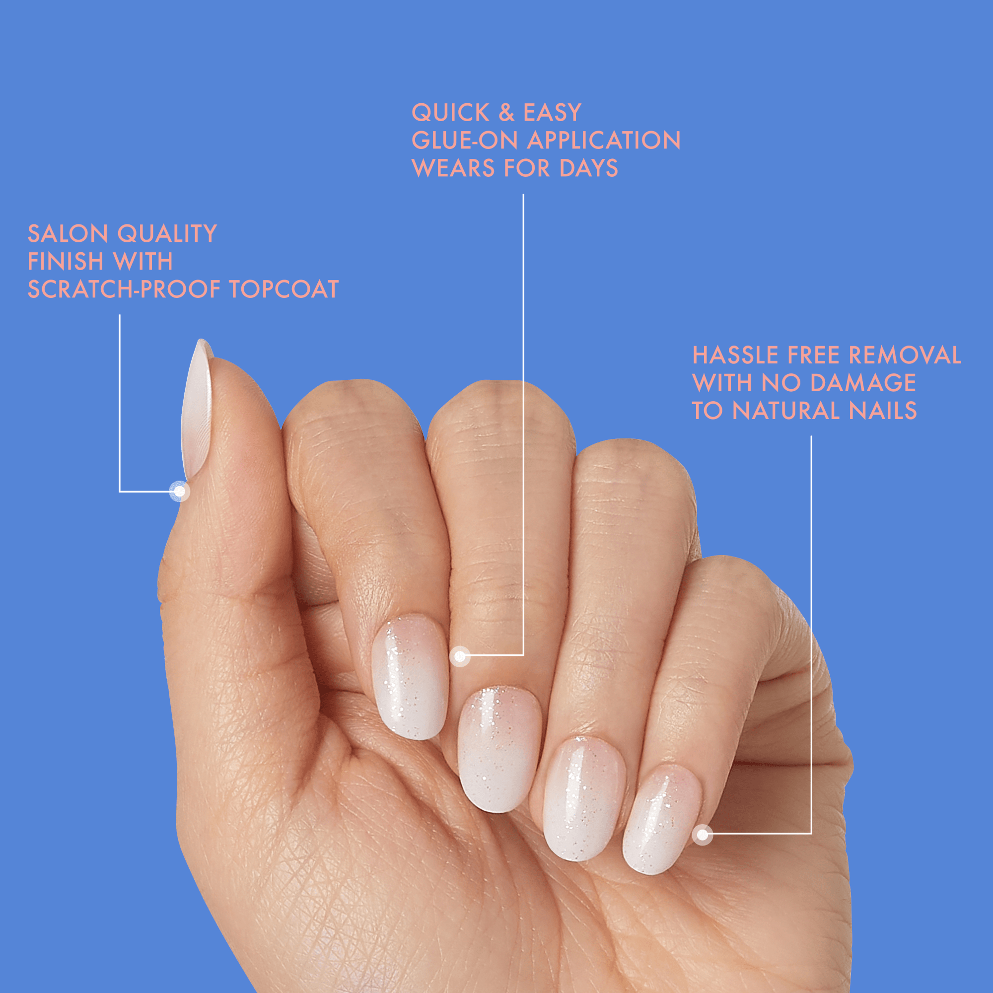 Hand with press-on nails in a soft champagne color with glitter, shown against a blue background with text highlighting quick glue-on application, salon-quality scratch-proof topcoat, and hassle-free damage-free removal.