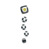 Five press-on toenails in black and white designs, featuring a smiling yellow daisy on the largest nail and black-and-white checkered patterns on the others.