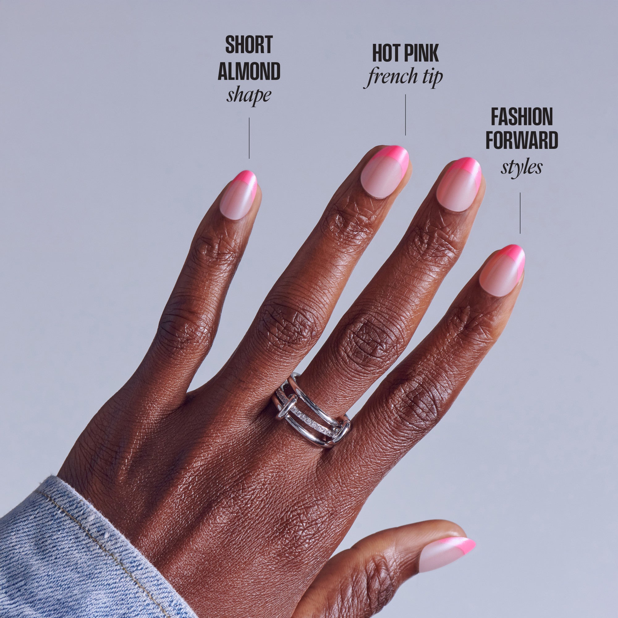 Four nail designs on dark skin: short almond, hot pink French tip, and fashion forward styles.