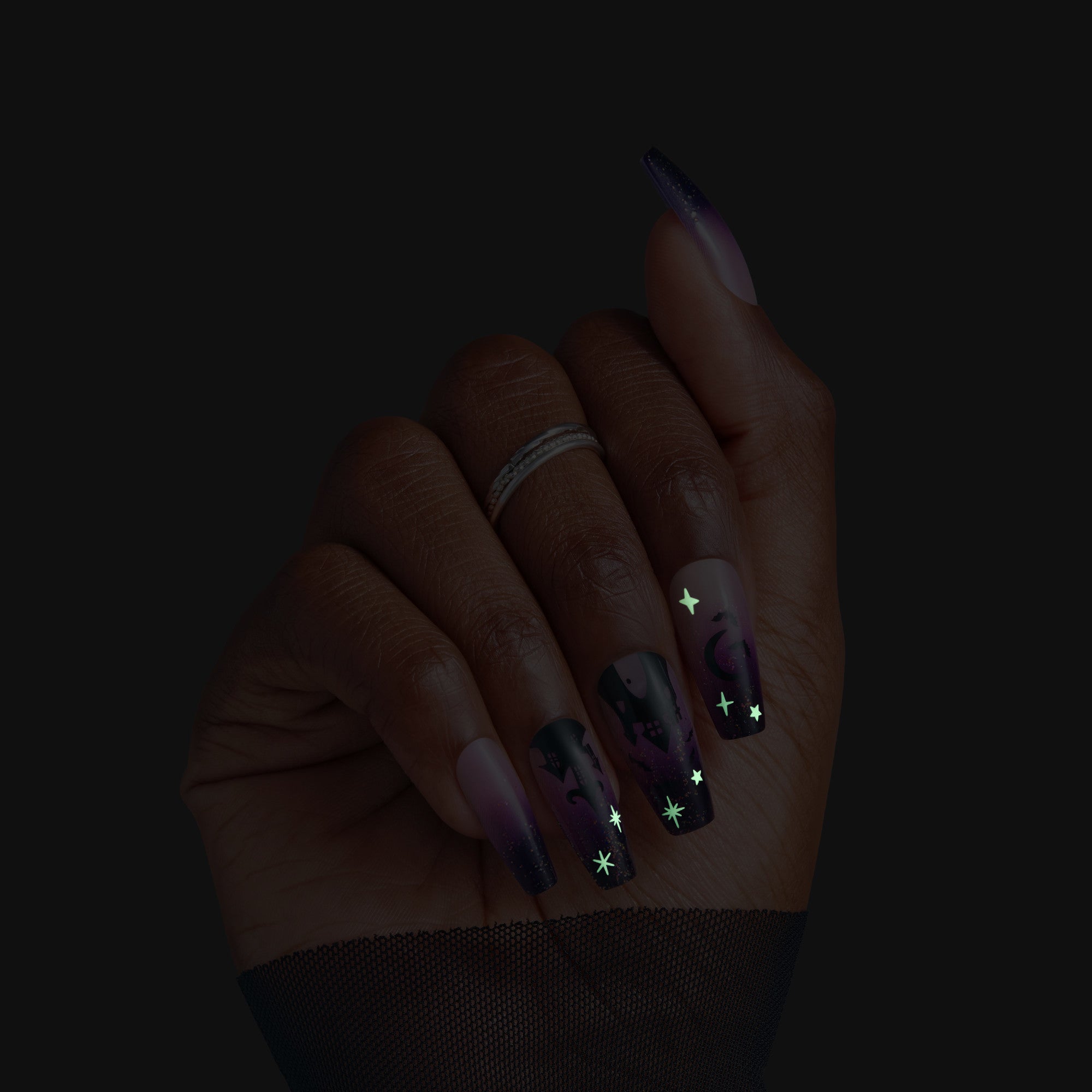 Kiss Haunt Halloween Press On Fake Glue Nails - After Dark | Design, Purple, Long, Coffin, Glow In The Dark