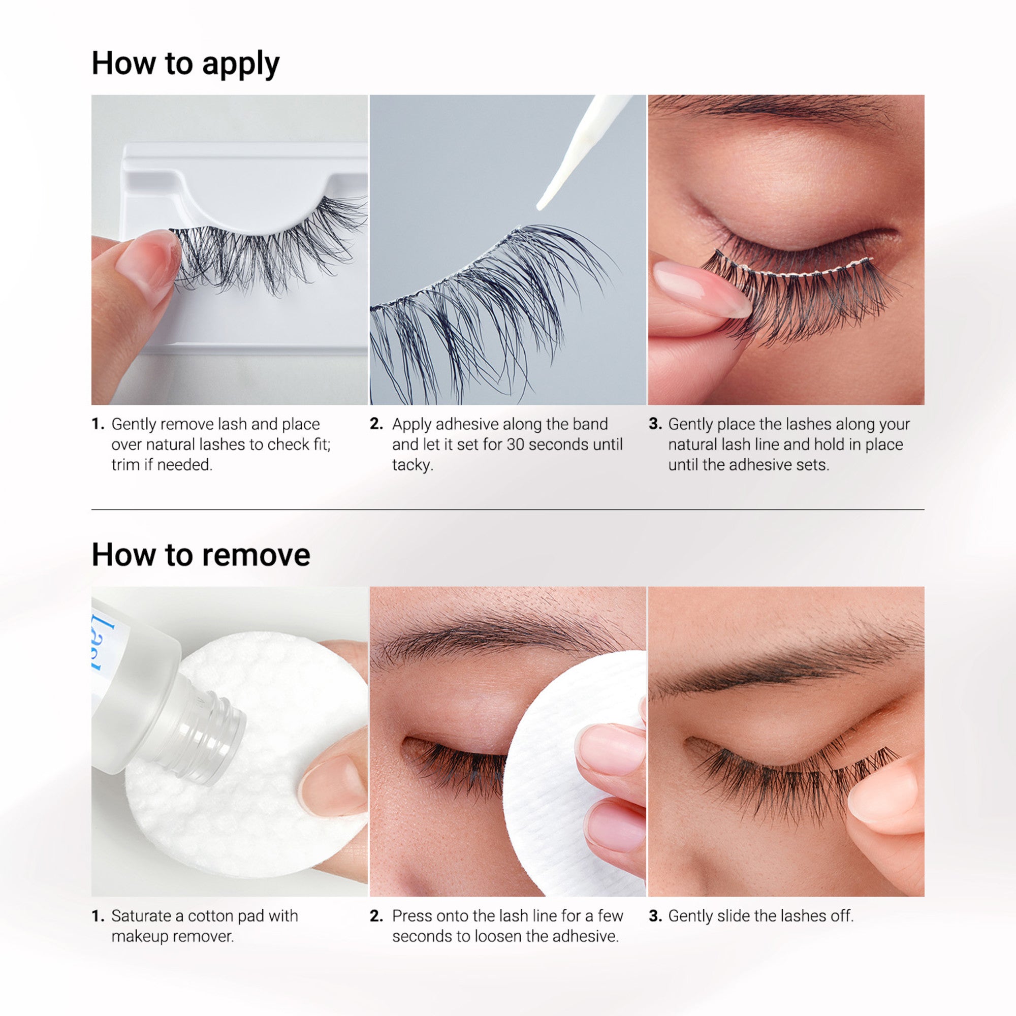 Instructions for applying and removing KISS Looks So Natural False Eyelashes Multipack - Flirty, showing close-ups of lashes being handled, adhesive applied, and lashes placed and removed using a cotton pad with makeup remover.