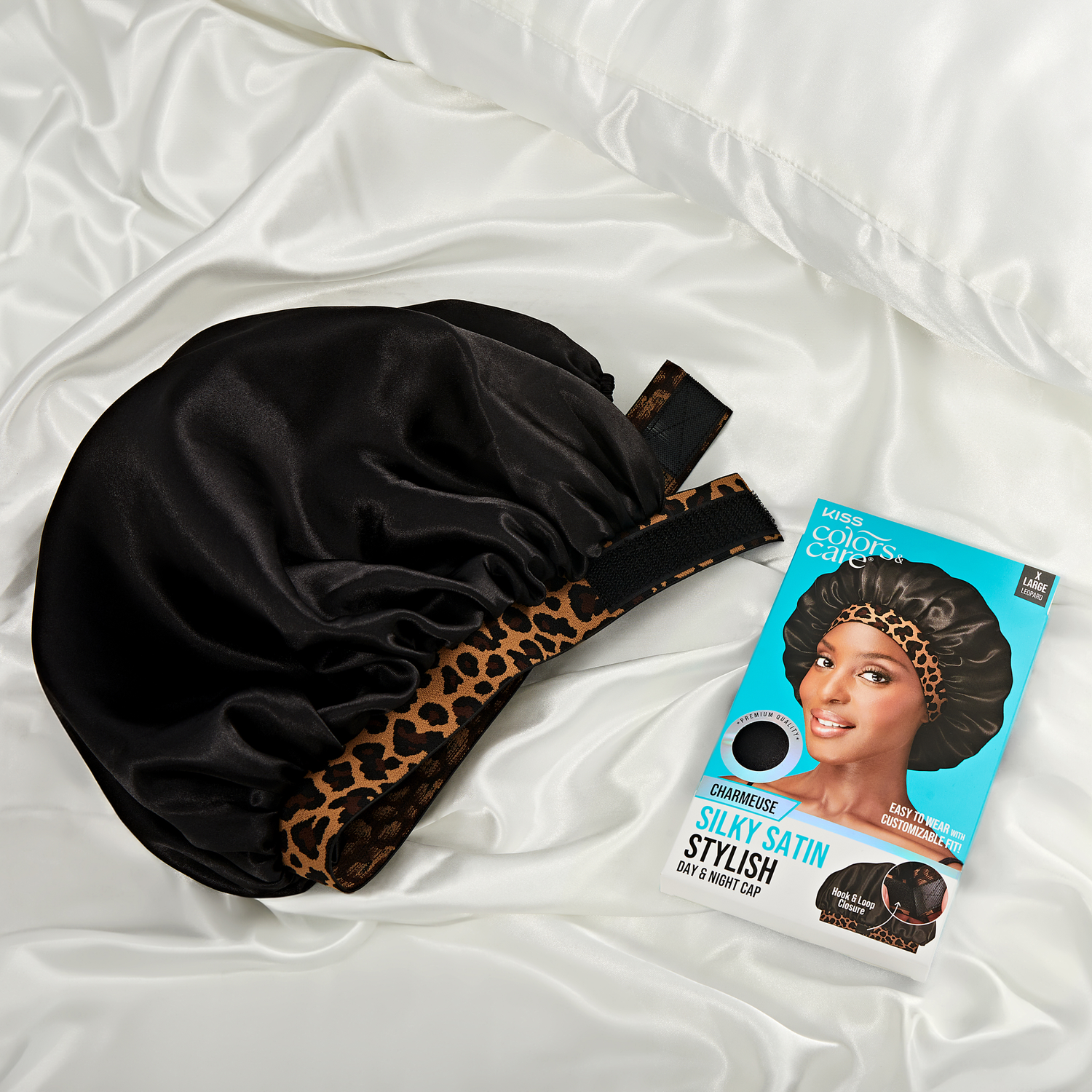 Kiss Colors &amp; Care Silky Charmeuse Satin Stylish Day &amp; Night Cap - Black &amp; Leopard