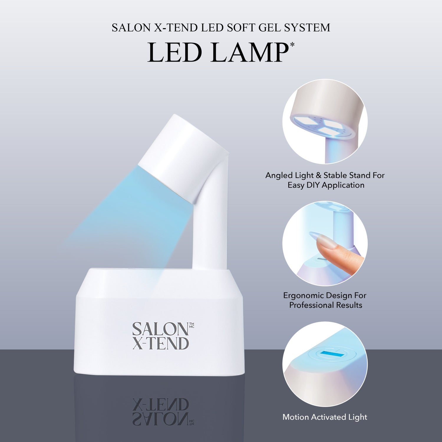 Salon X-Tend LED Lamp with angled light, ergonomic design, and motion-activated features.
