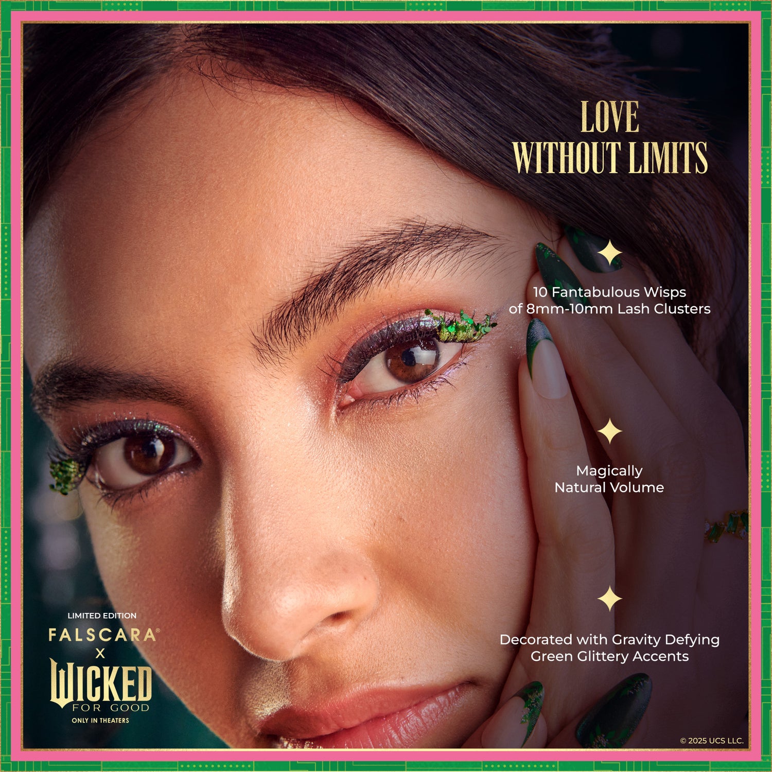 Falscara x Wicked limited edition lash product with green glittery accents and dramatic eye makeup.