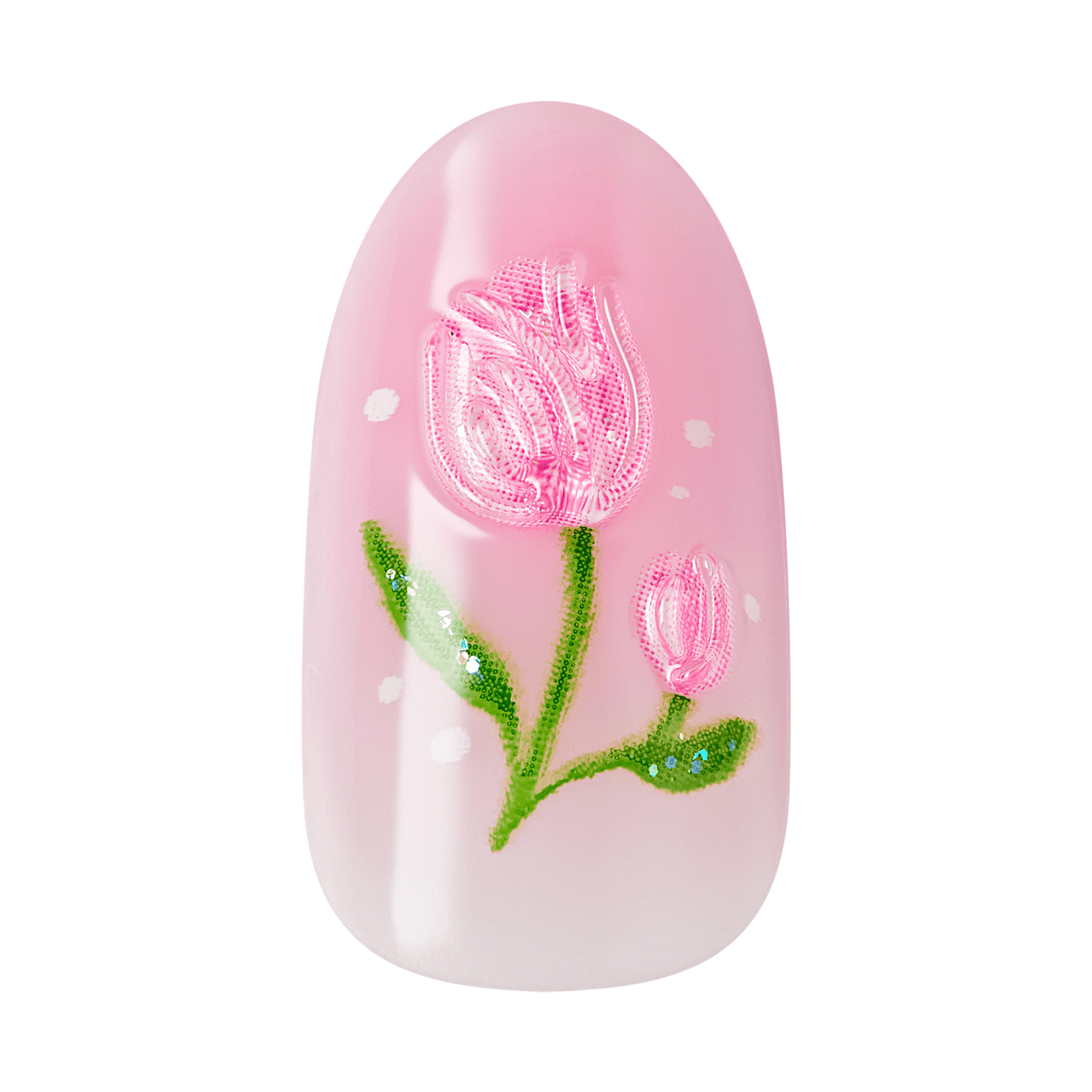 Soft pink oval nail tip with a 3D translucent pink tulip and bud design, accented with green stems and leaves and small white dots.