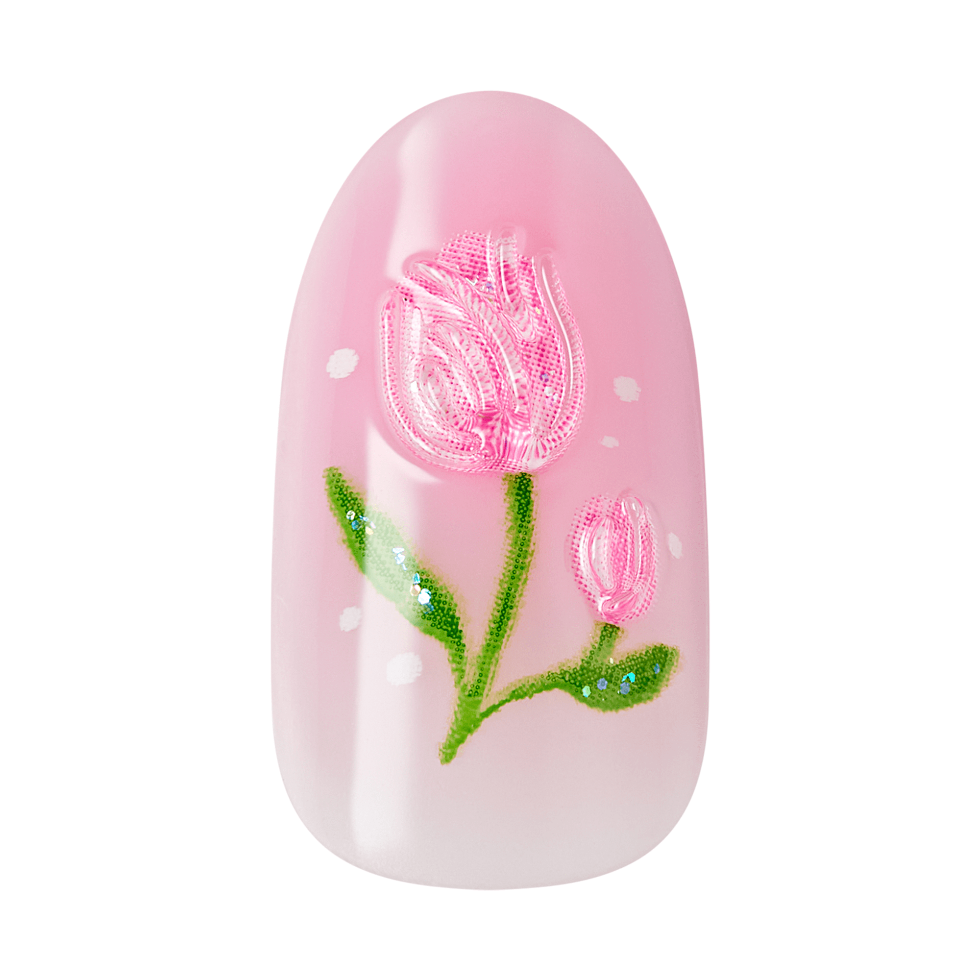 Soft pink oval nail tip with a 3D translucent pink tulip and bud design, accented with green stems and leaves and small white dots.