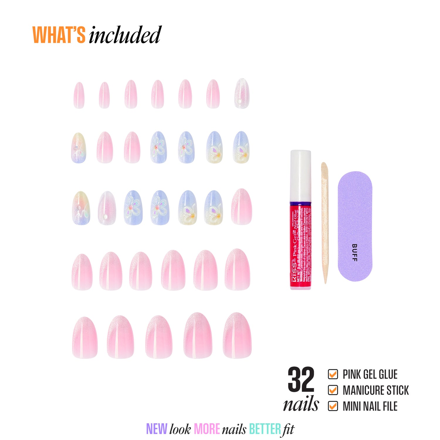32 pink press-on nails with designs, gel glue, manicure stick, and mini file included.