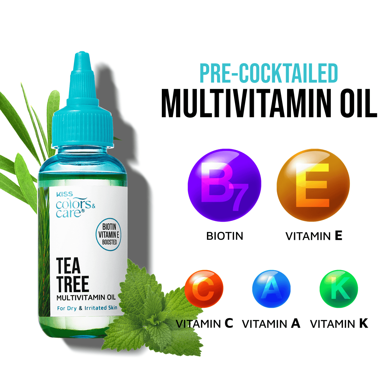 Clear plastic dropper bottle with turquoise cap labeled "KISS Colors &amp; Care Tea Tree Multivitamin Oil" alongside green leaves.