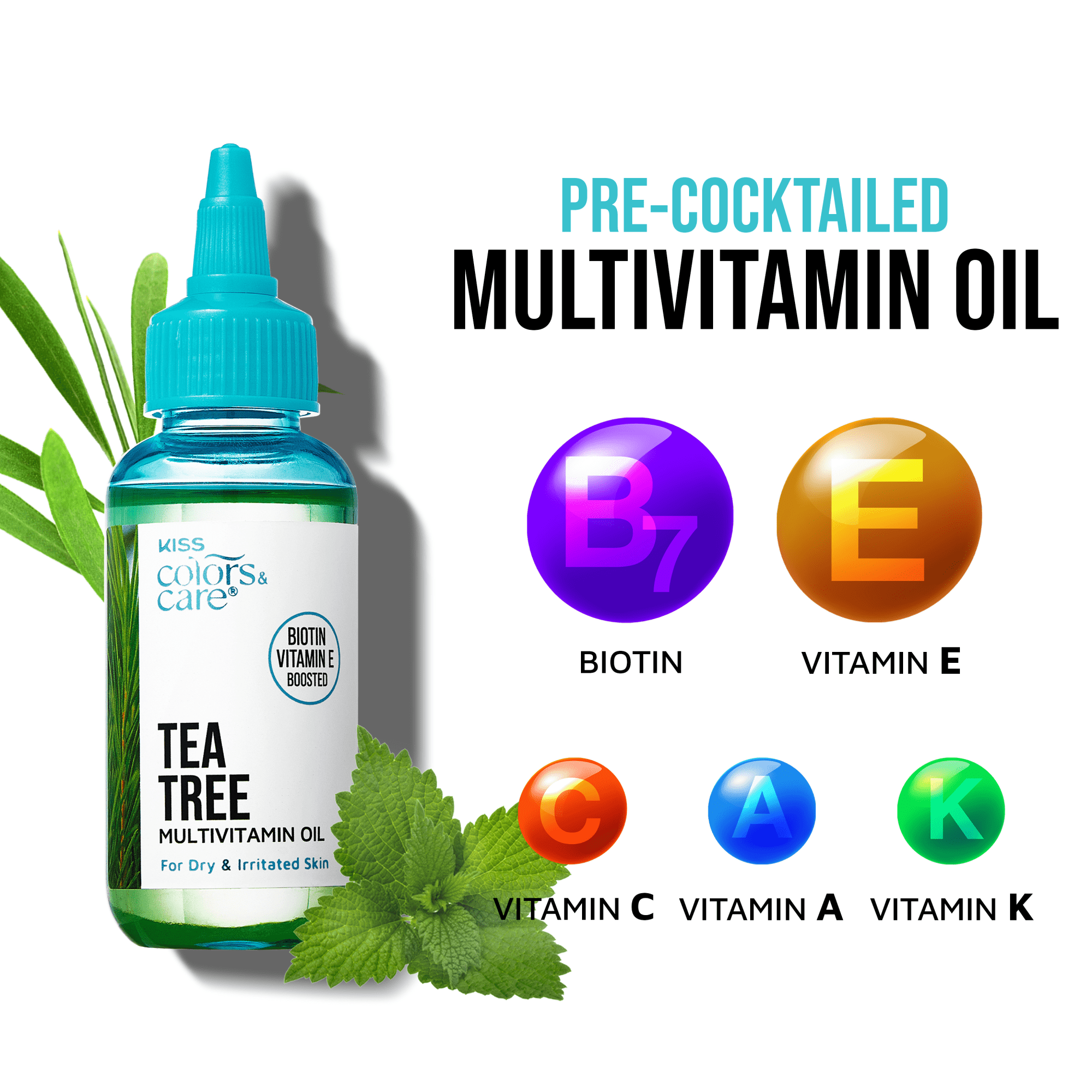 Clear plastic dropper bottle with turquoise cap labeled "KISS Colors &amp; Care Tea Tree Multivitamin Oil" alongside green leaves.