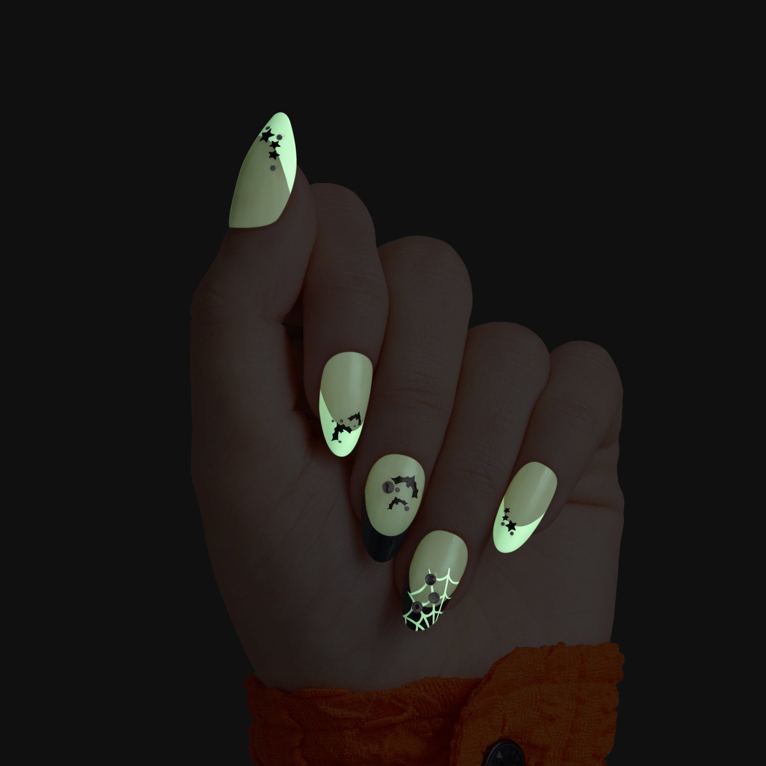 Kiss Haunt Halloween Press On Fake Glue Nails - HalloQueen | French Design, Black &amp; White, Medium, Almond, Glow In The Dark