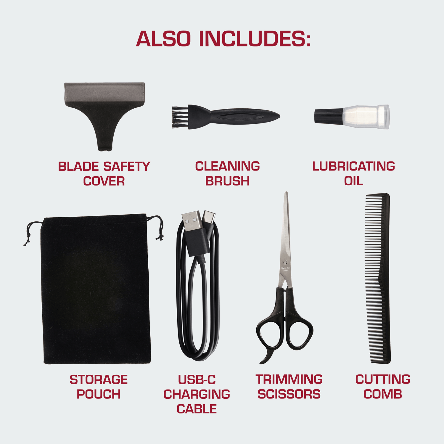 Various grooming accessories on a light gray background labeled \